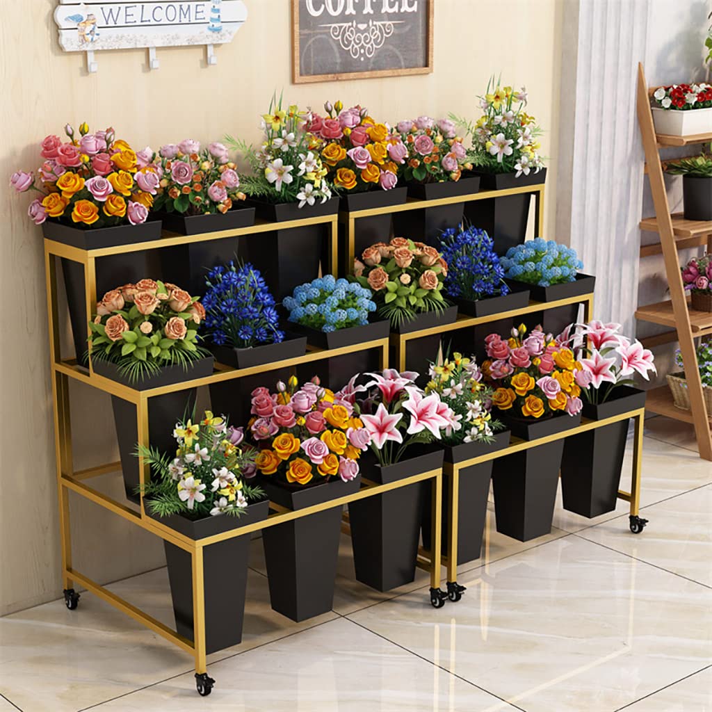 Heavy Duty 3-Tier Flower Display Stand with 12 Buckets & Wheels - 33 Inch Tall Rolling Plant Cart for Florists, Garden, Patio Decor - Gold Shelf with Black Buckets (Ideal for Wedding, Event & Retail Displays)