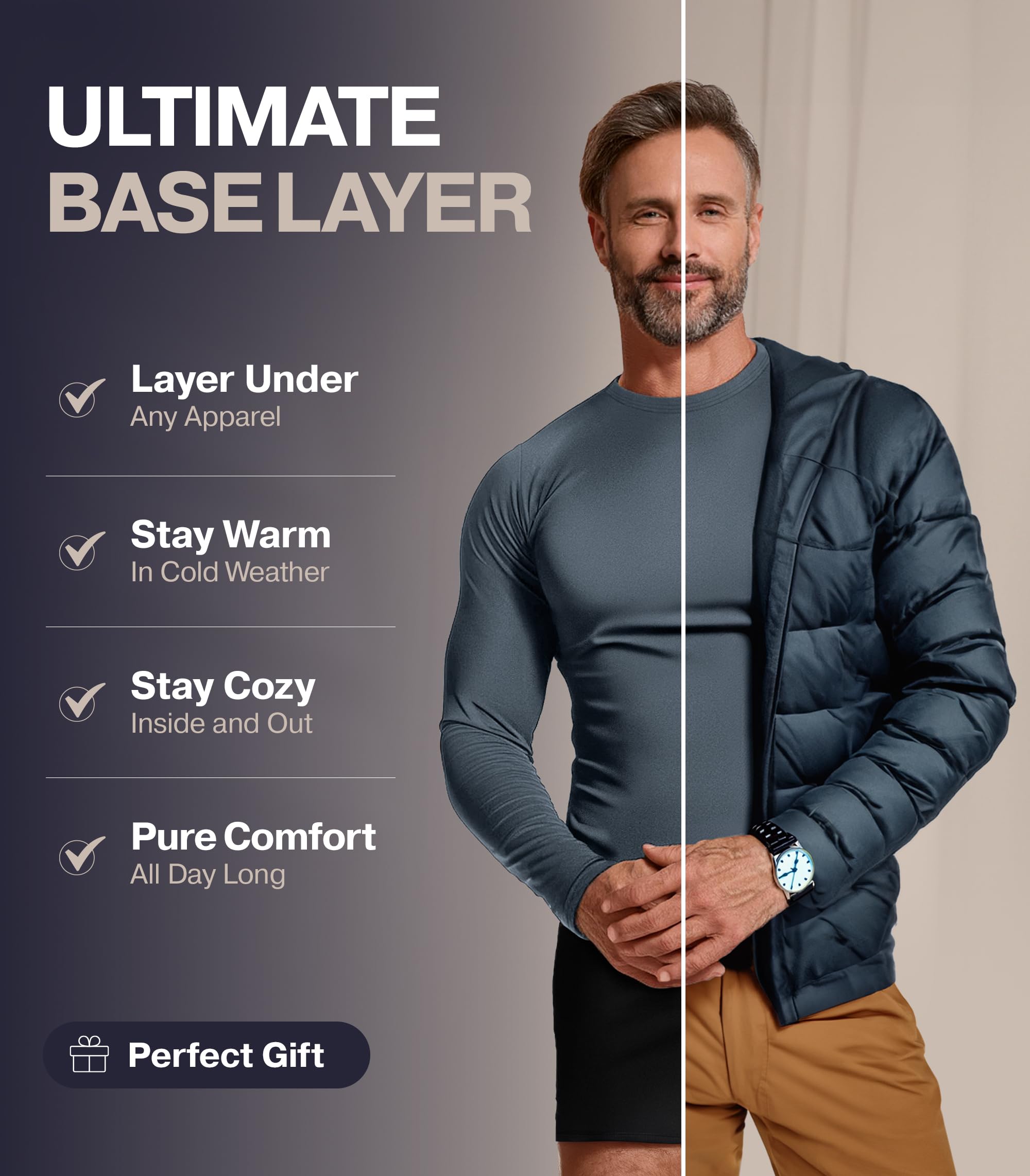 ThermoJohn Men's Long Sleeve Thermal Compression Shirt - Base Layer for Cold Weather - Perfect for Hiking, Skiing & Winter Outdoor Activities