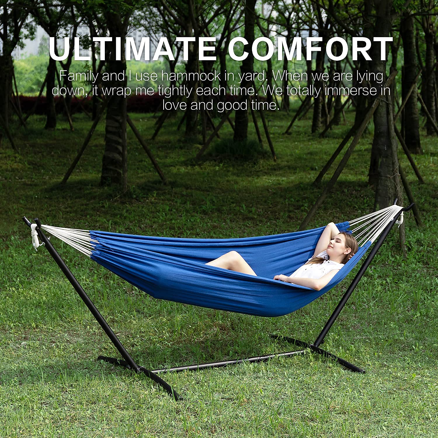 **PNAEUT Double Hammock with Space-Saving Steel Stand – 2-Person Heavy Duty 450lb Capacity for Garden, Yard, Outdoor Use – Perfect for Relaxing, Camping & Backyard Lounging (Navy Blue)**