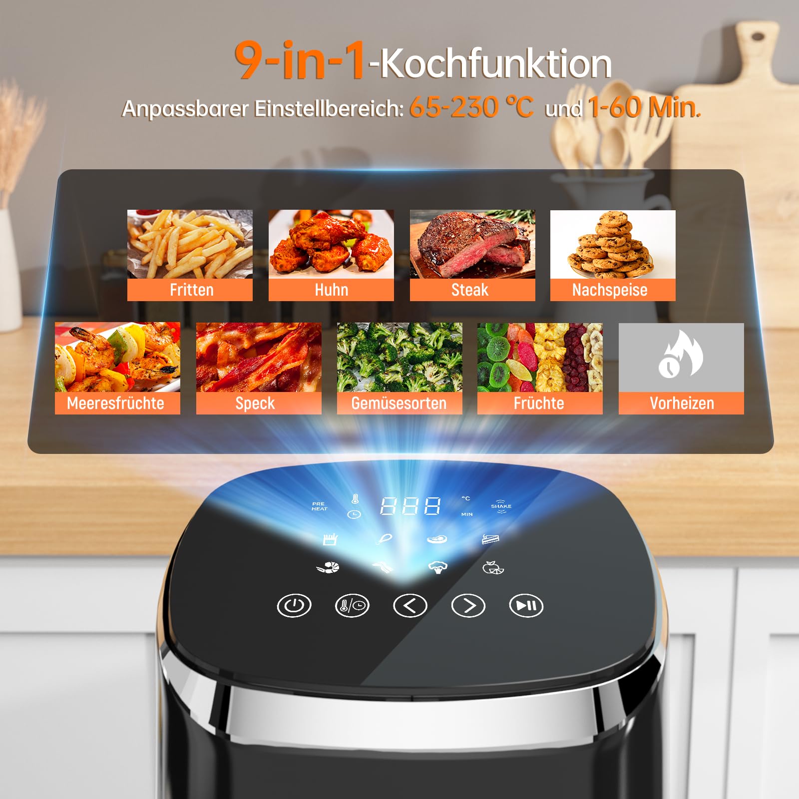 Fabuletta 4L Air Fryer with 9-in-1 Functions, 230°C Max Temperature, Digital LED Touchscreen, Rapid Air & Fat Removal Technology - Preheat & Shake Mode (Black) | Perfect for Healthy Frying, Baking, Roasting & Meal Prep in Home Kitchen