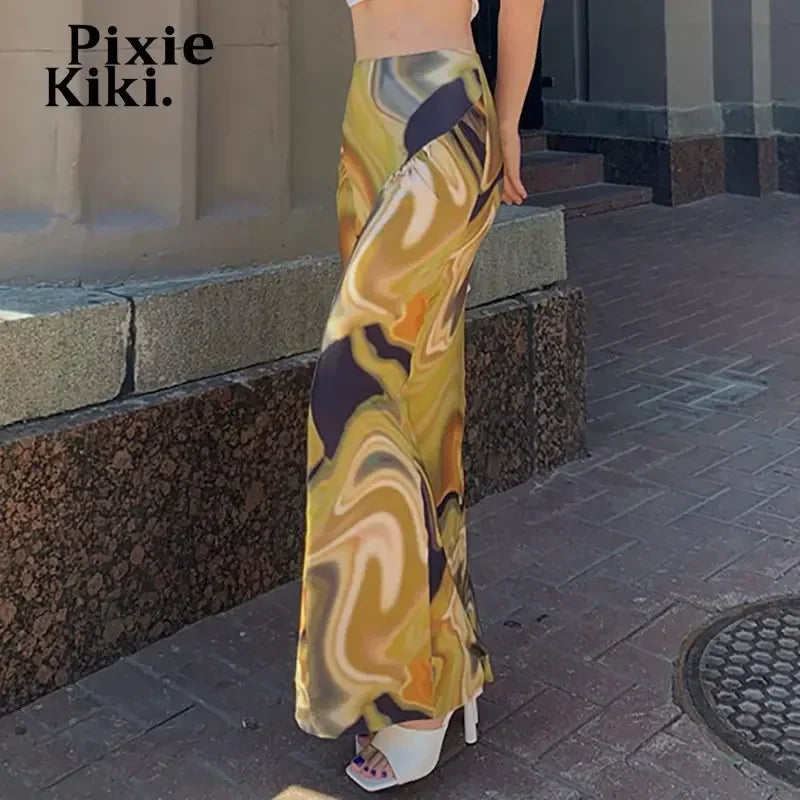 Vintage 2000s Aesthetic Abstract Yellow Printed High Waisted Long Skirts for Women - Retro Fashion Bottoms P85 BD18 | Perfect for Boho Chic Outfits, Casual Wear & Festival Style