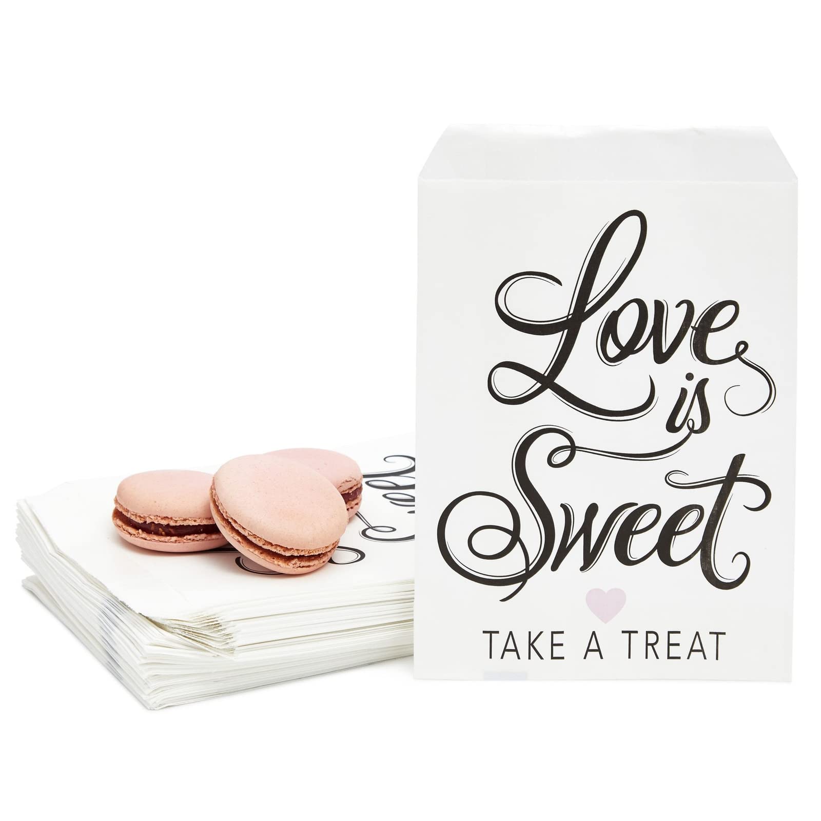 100 Pack Love is Sweet Paper Treat Bags - 5x7 Inch Party Favor Bags for Kids, Birthday Goodie Bags, Baby Shower Gifts & Wedding Decorations - Perfect for Valentine's Day, Halloween & Christmas Celebrations