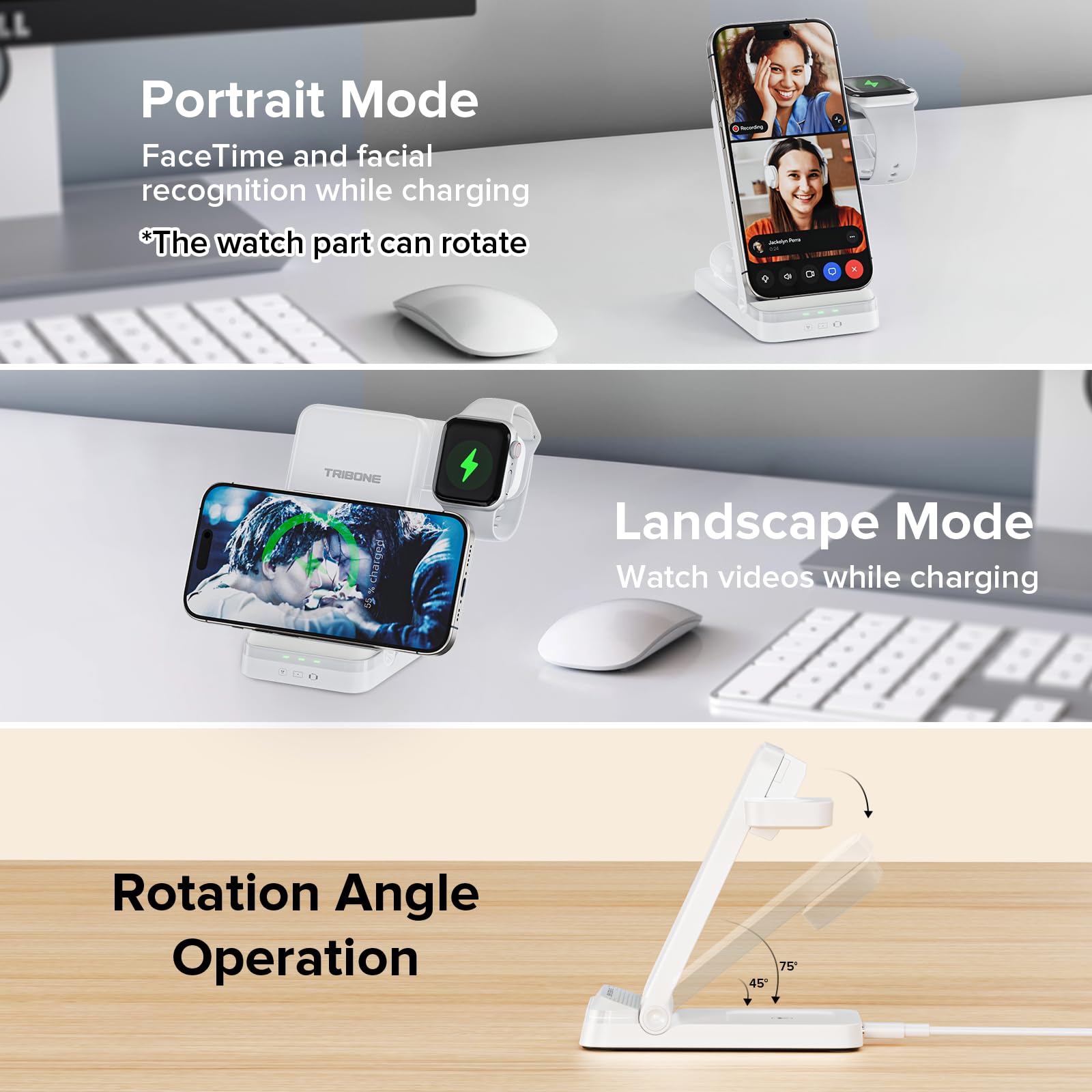 3-in-1 Foldable Fast Wireless Charger for iPhone 15/14/13/12/11 Pro Max/XS/XR/8 Plus, Apple Watch Series 9/8/7/6/5/4/3/2/SE & AirPods Pro 3/2 - Multi-Device Charging Station (White) | Perfect for Home, Office & Travel Use
