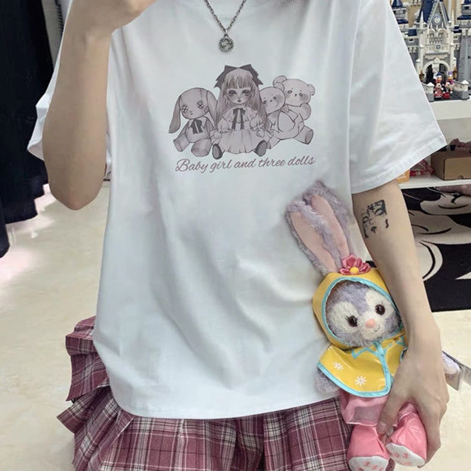 Women's Summer Goth T-Shirt - Creepy Doll & Bear Graphic Print Harajuku Style Korean Streetwear Top | Casual Wear for Concerts, Halloween, and Alternative Fashion