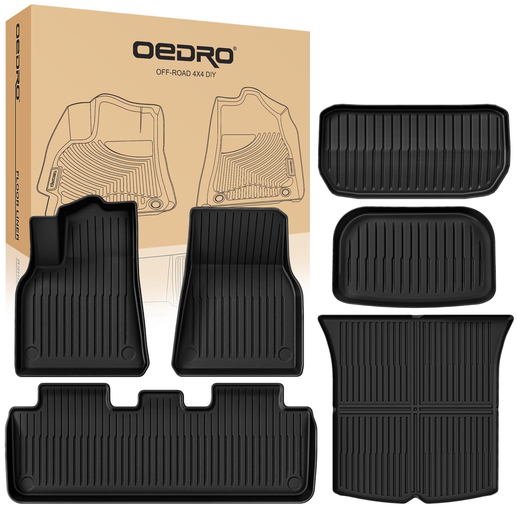 OEDRO Custom Fit All-Weather Floor Mats for Tesla Model Y 2020-2024 | Durable TPE Interior & Trunk Liners | 6-Piece Set (Fits 5-Seat Only) | Perfect for Daily Commute, Road Trips & Outdoor Adventures