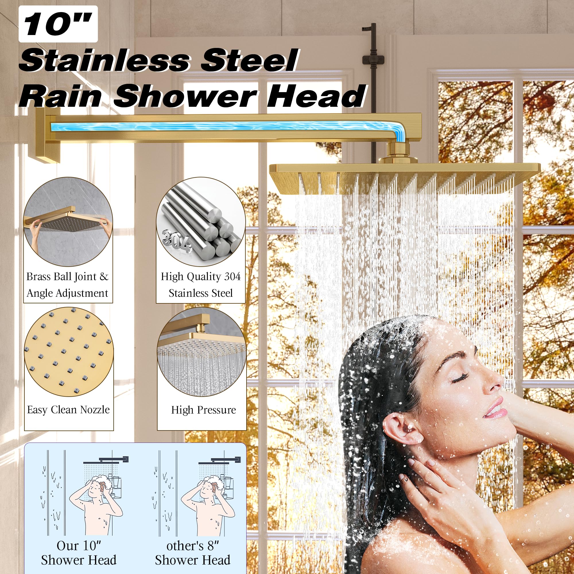 Gabrylly 10-Inch Rain Shower Head with Handheld Spray Combo, Brushed Gold Bathtub Shower Faucet Set with Slide Bar & Valve - Perfect for Modern Bathroom Renovations & Spa-Like Shower Experience