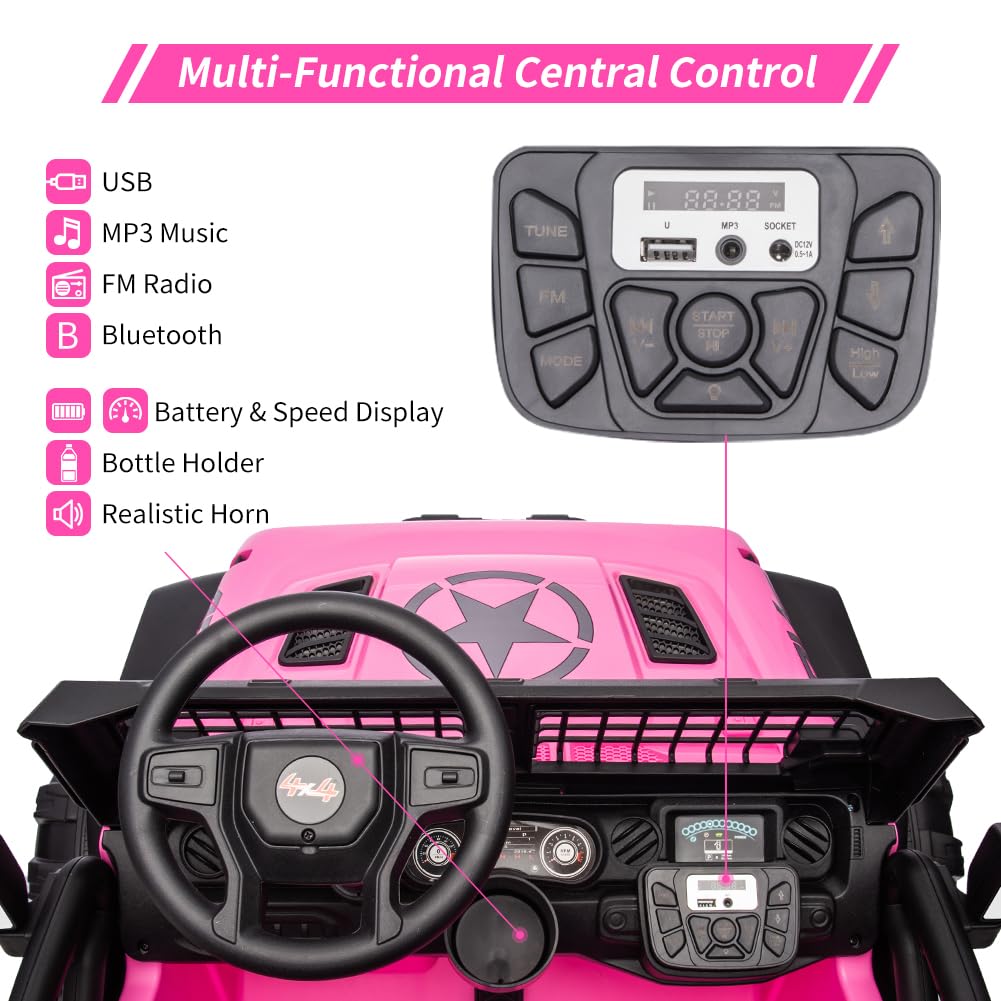 GARVEE 24V Electric Ride On Truck for Kids - 2 Seater Remote Control Car with LED Lights, Music & Horn | Large Storage Space & Cup Holder | Pink Toddler Toy Vehicle for Ages 3-8 | Perfect for Outdoor Play, Birthday Gifts & Family Fun