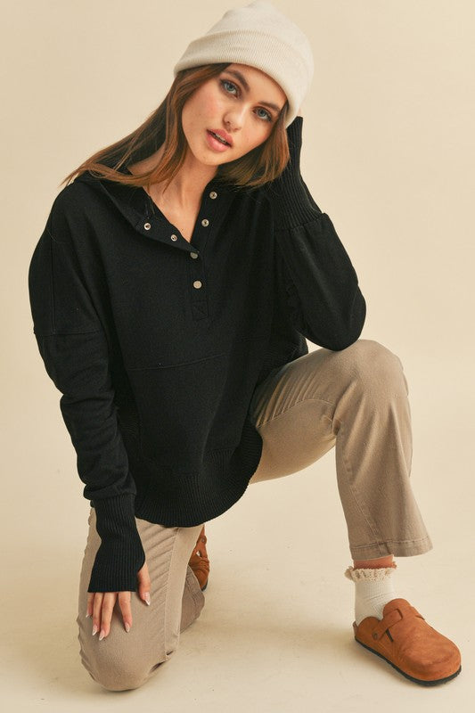 Aemi+Co Women's Half Snap Dropped Shoulder Hoodie - Oversized Pullover Sweatshirt for Casual Wear & Street Style Fashion