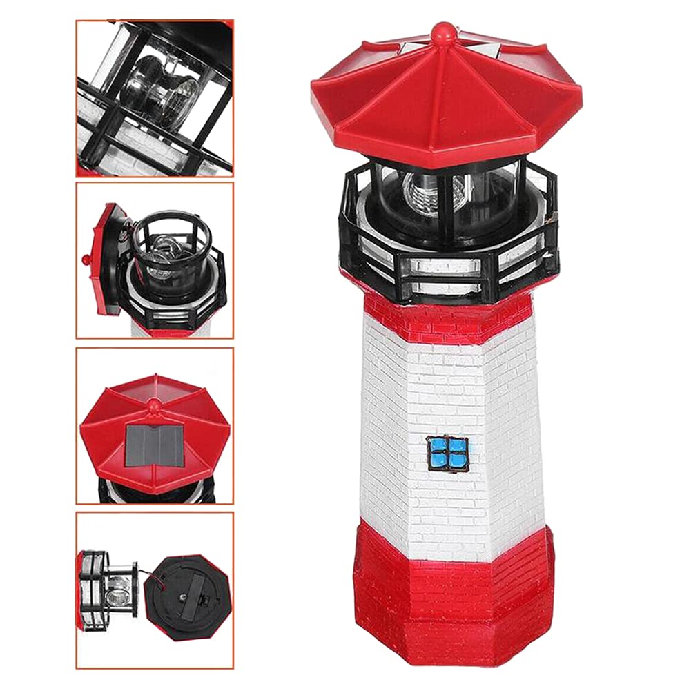 Solar Powered Rotating Lighthouse Garden Statue - 27cm Waterproof Resin Outdoor Decor with LED Light for Yard, Lawn, Patio | Perfect for Coastal Theme Gardens, Pathway Lighting & Nighttime Landscape Decoration (Red)