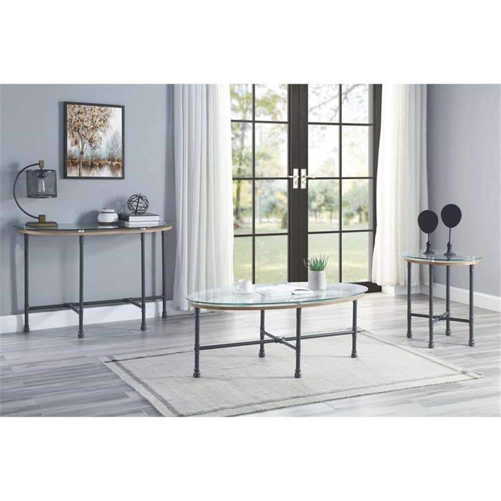 Acme Brantley Modern Pipe Style Glass Top Sofa Table - Clear & Sandy Gray Finish - Perfect for Living Room, Entryway or Behind Couch Decor