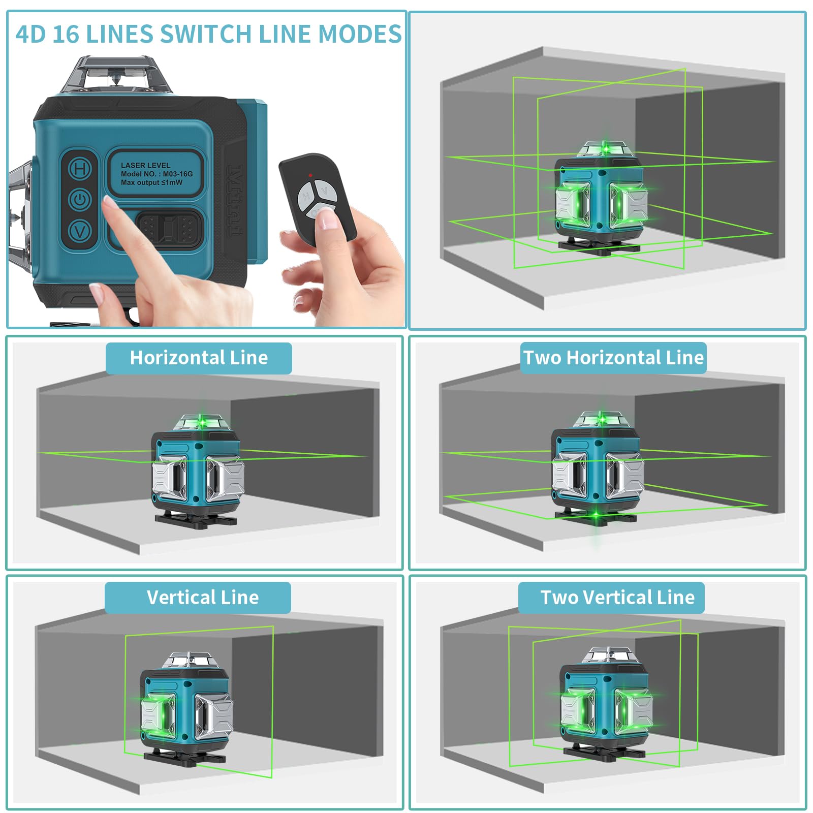 Catlyn 360° Self-Leveling Laser Level - 4x360° 16-Line Green Cross Line Laser Tool with Pulse Mode & Rechargeable Battery - Perfect for Floor Tile Installation, Wall Pictures, Outdoor Construction & Grid Alignment