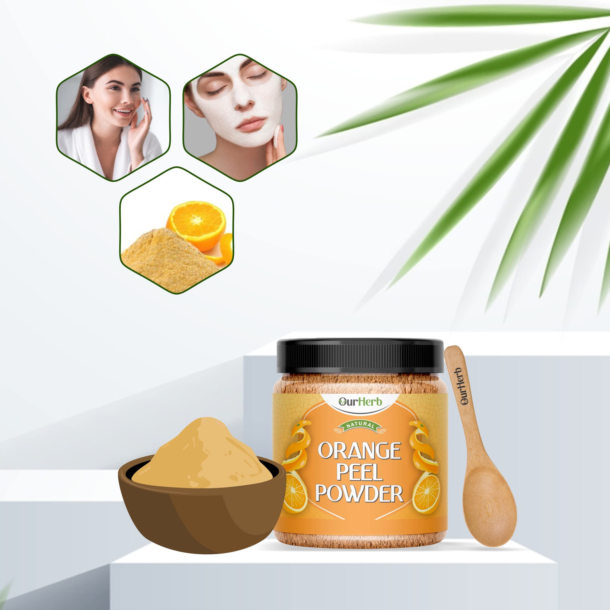 OurHerb® Pure & Natural Orange Peel Powder with Vitamin C & Antioxidants for Face Pack - Cruelty-Free, Vegan Skincare Formula (200g | 7 Oz) with Wooden Spoon - Brightening & Exfoliating for Glowing Skin