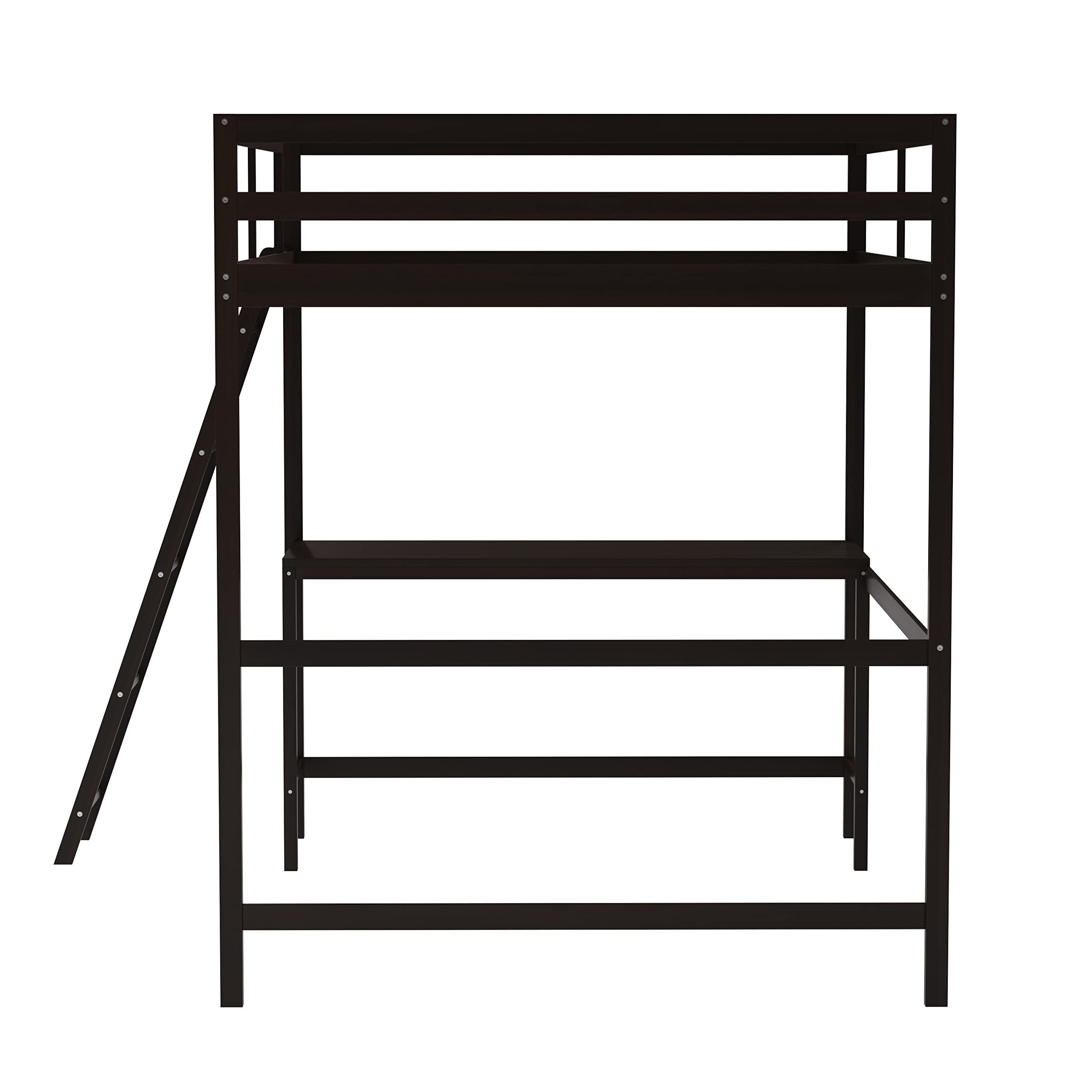 Full Size Loft Bed Frame with Built-in Desk & Ladder - Espresso Wood Slats with Protective Guard Rails - Space Saving Kids & Teens Bed - Perfect for Small Bedrooms, Dorms, and Studio Apartments