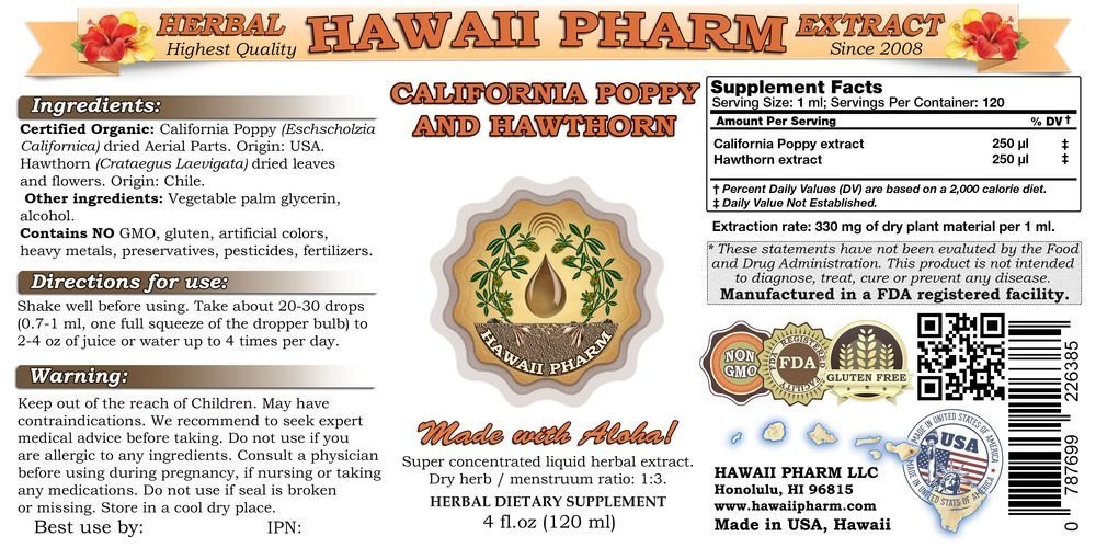 Organic California Poppy & Hawthorn Liquid Extract Tincture - Herbal Supplement for Stress Relief & Heart Health - Made in USA by Hawaii Pharm - 4x4 fl.oz - Perfect for Natural Relaxation & Cardiovascular Support