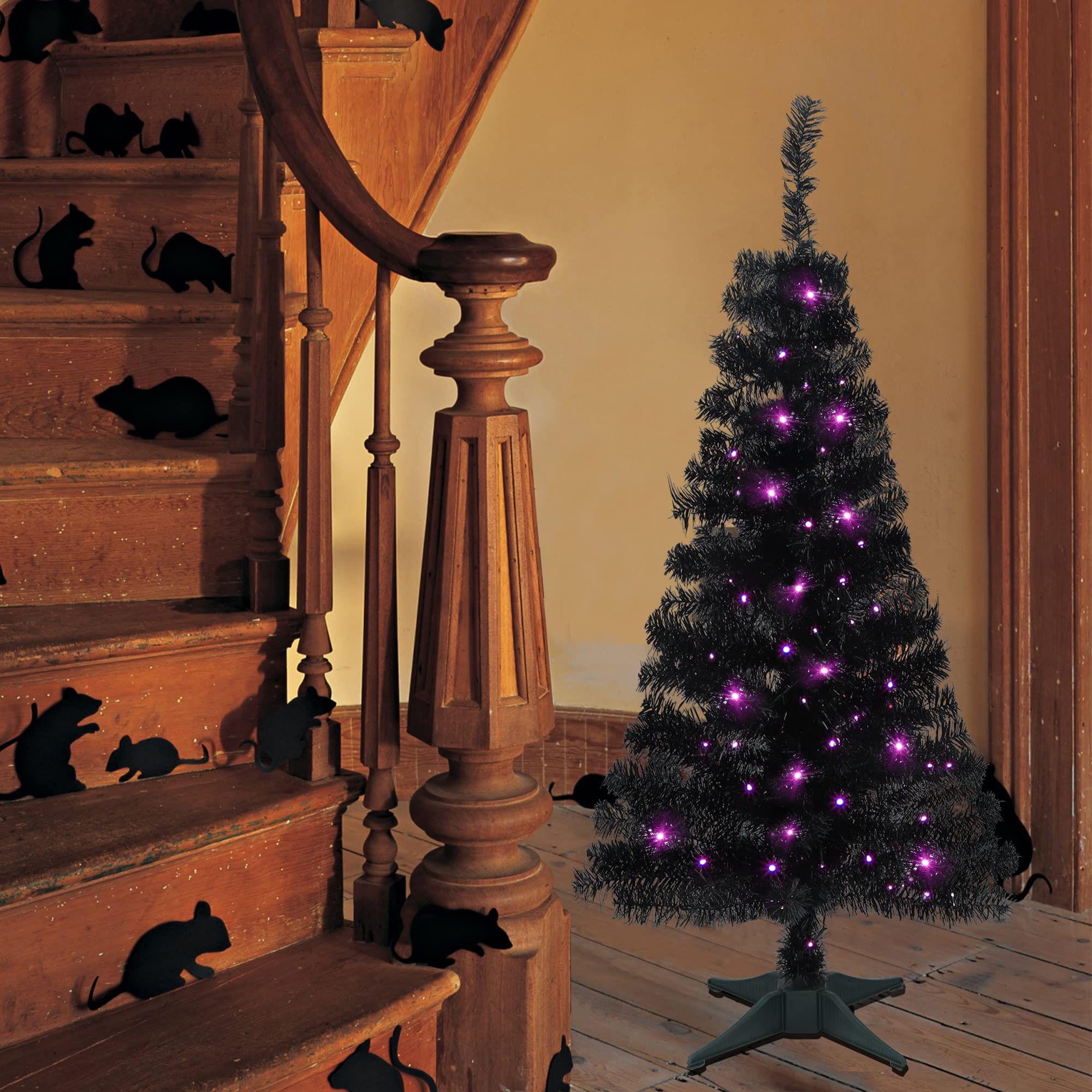 Juegoal 4FT Black Tinsel Artificial Christmas Tree with 70 LED Purple Lights - 8 Lighting Modes & Timer - Halloween Holiday Decor for Home, Party, Office, and Indoor Decorations