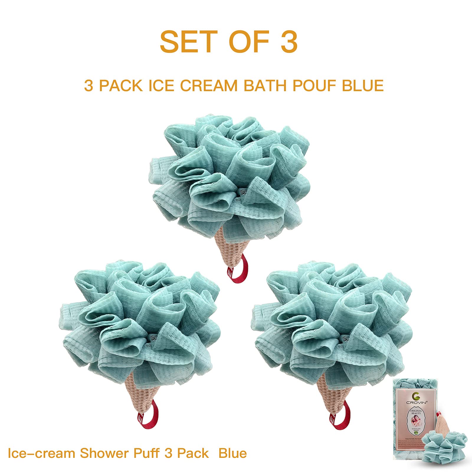 Exfoliating Body Scrubber - 4 Pack Ice Cream Shower Pouf Mesh Ball Bath Loofah Sponge for Men & Kids (Blue) | Gentle Skin Cleansing & Exfoliation for Daily Shower & Spa Use