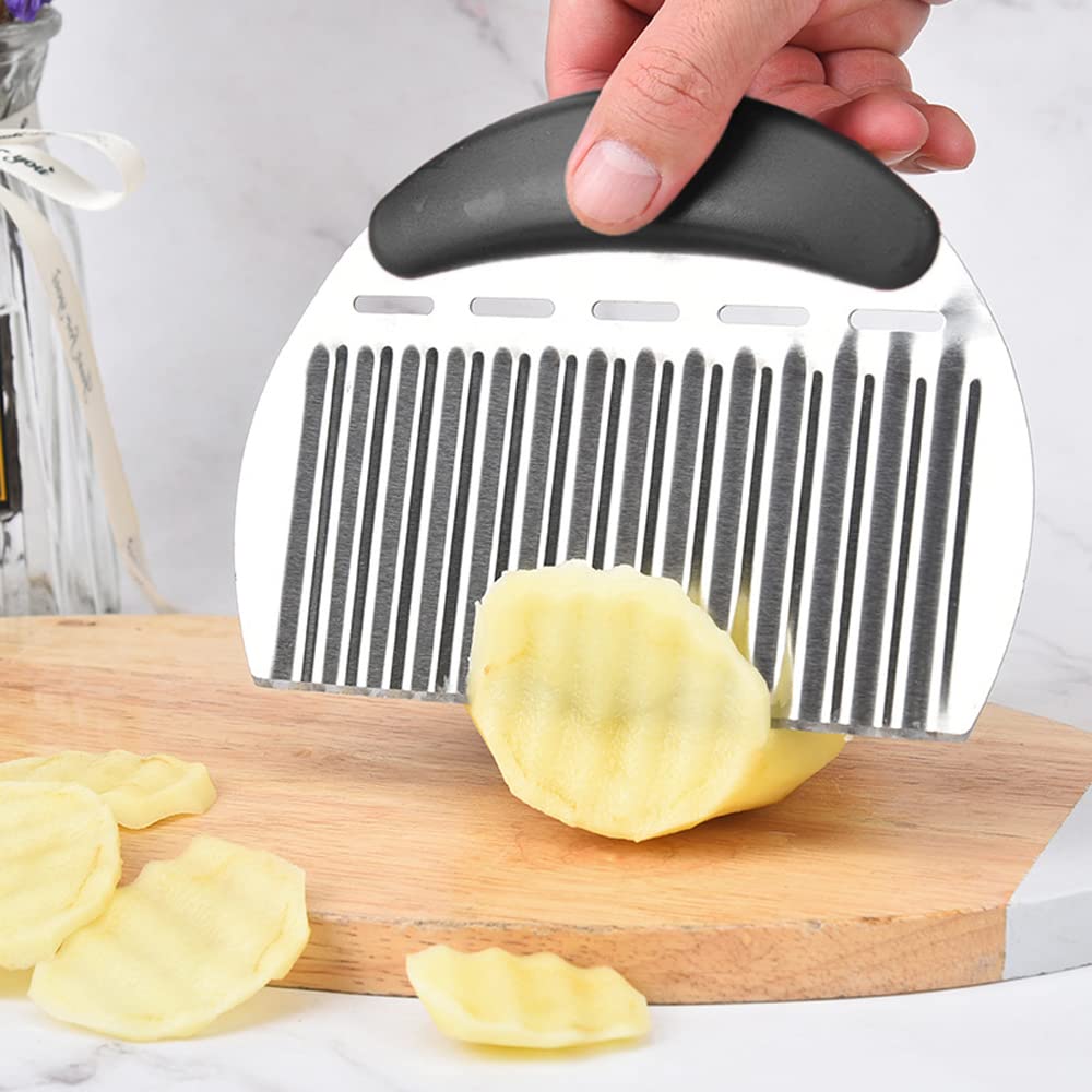 Stainless Steel Potato Crinkle Cutter - French Fry & Vegetable Chipper with Non-Slip Handle - Perfect for Making Homemade Fries, Chips & Fruit Slices (Black) - Ideal for Kitchen, Restaurants & Party Snack Prep