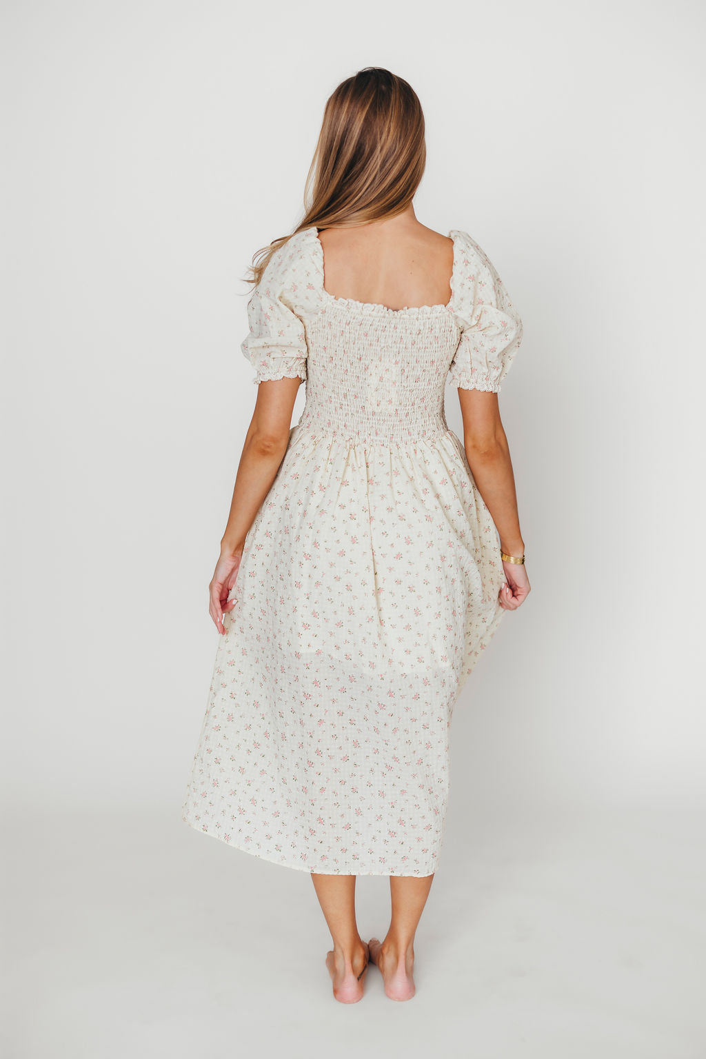 Kinsley Ditsy Floral Smocked Midi Dress - Women's Pink Floral Summer Dress with Elastic Waist, Perfect for Beach Vacations, Garden Parties & Date Nights