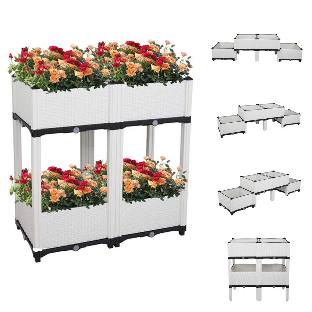MAXMYE Raised Garden Bed Kit - 4 Pcs Free Splicing Injection Planting Box for Growing Vegetables, Herbs & Flowers - Elevated Garden Planter for Patio, Balcony, Backyard (White) - Perfect for Urban Gardening & Small Space Planting