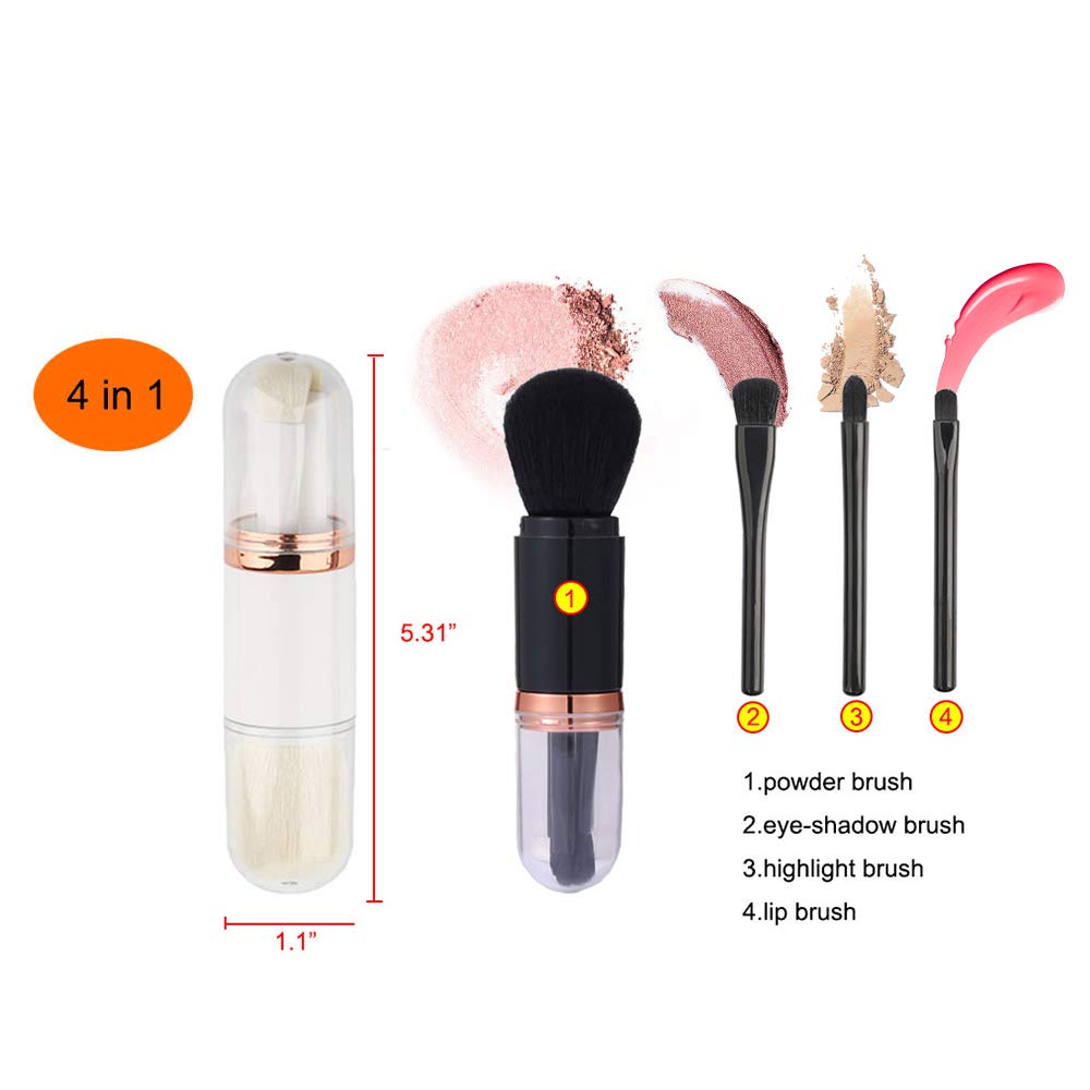 4 in 1 Portable Makeup Brush Set - Retractable Eye Shadow, Lip, Toning & Powder Brushes for Travel & On-the-Go Touch Ups