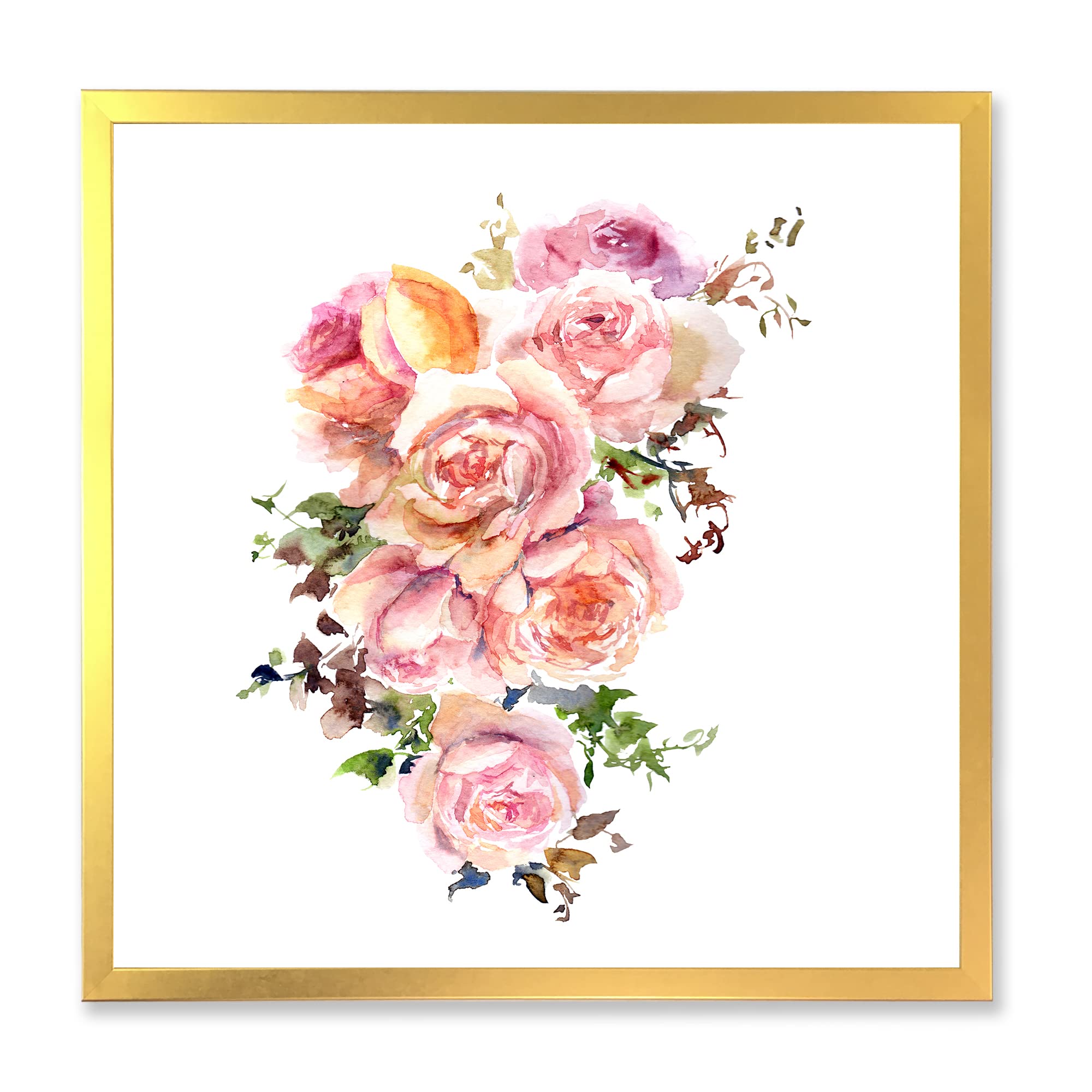 DesignQ Roses Floral Flowers Traditional Framed Wall Art - Vintage Botanical Painting for Living Room, Bedroom & Office Decor