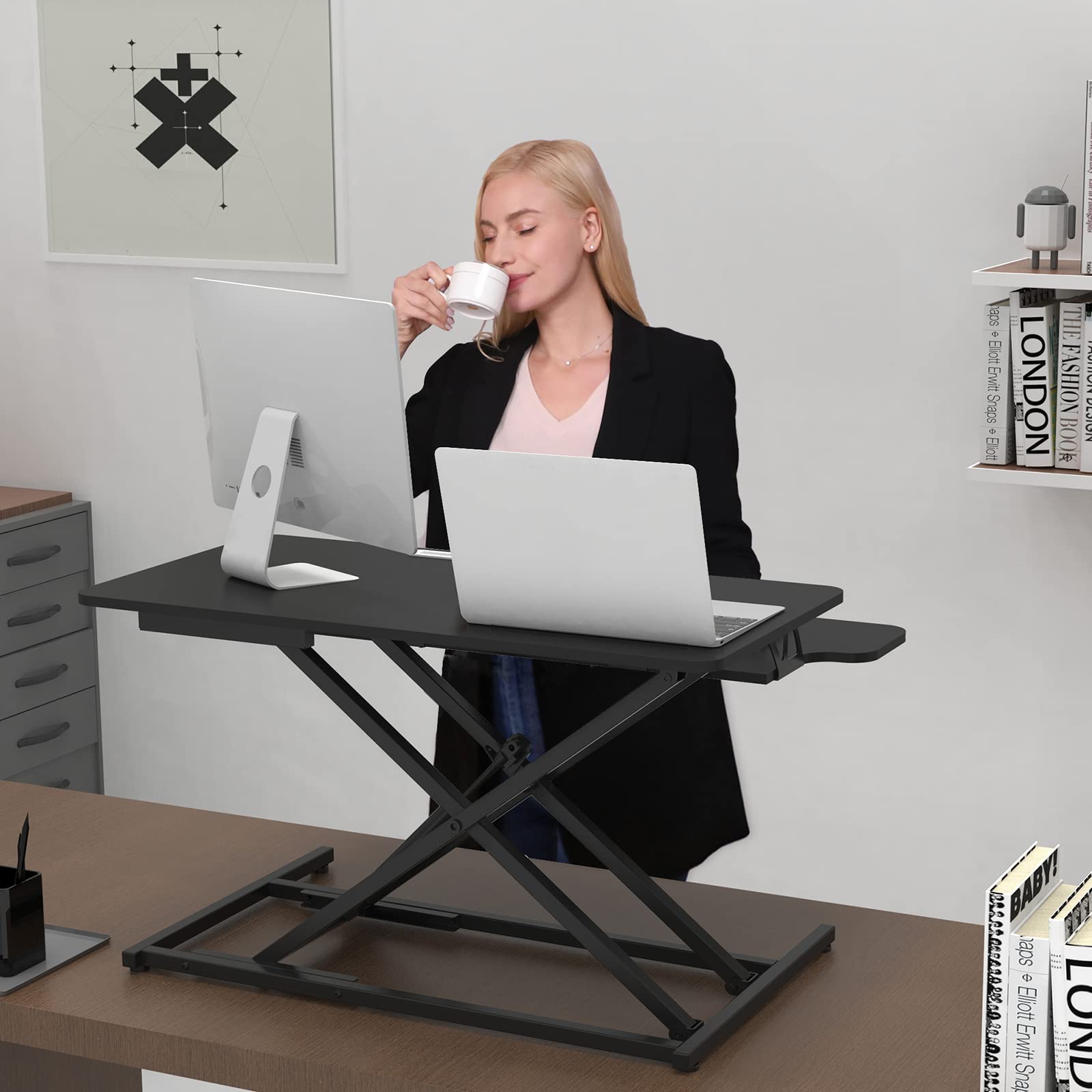 Ergomatic Height Adjustable Standing Desk Converter - 32 x 16 Inches Quick Sit to Stand Riser for Dual Monitors (Black Frame & Desktop) | Perfect for Home Office, Gaming Setup & Workspace Ergonomics