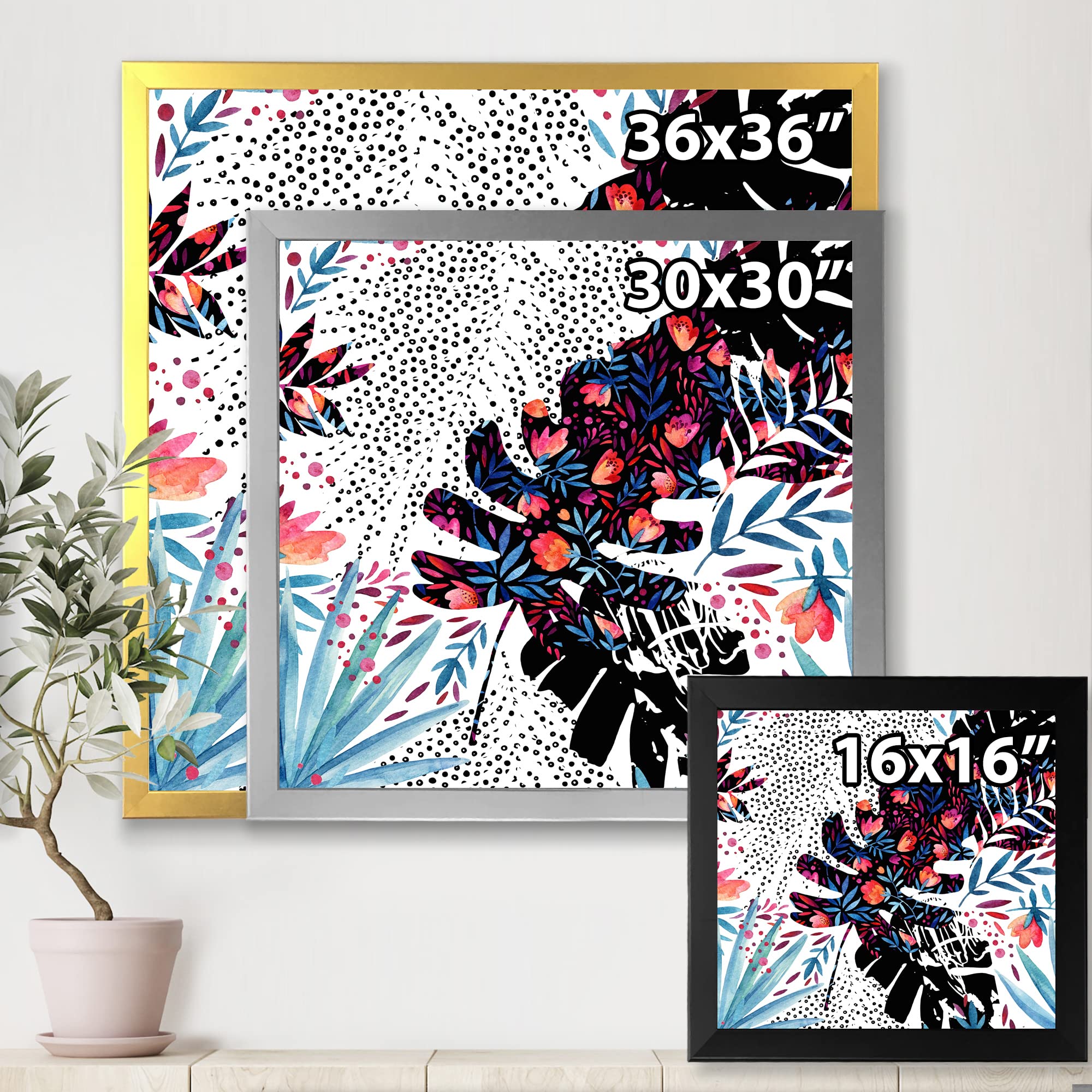 DesignQ Tropical Floral Patchwork Framed Wall Art - Vibrant Home Decor for Living Room, Bedroom & Office
