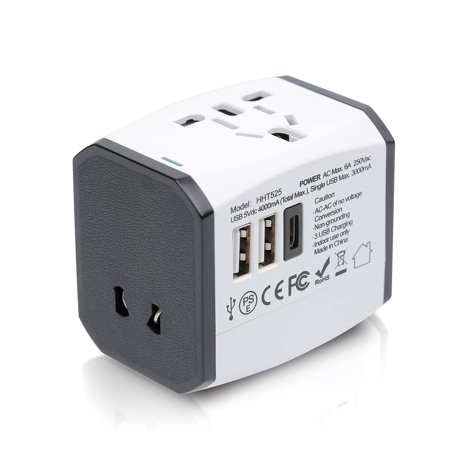 Universal Travel Adapter with 6A Smart Power, 2 USB Ports & Type-C - Worldwide AC Outlet Wall Charger for USA EU UK AUS Asia - Perfect for Business Trips, Vacations & International Travel (White)