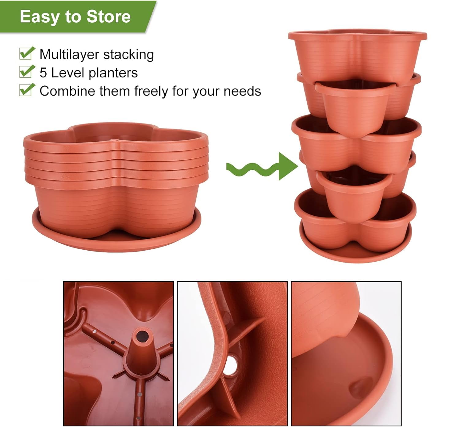 5 Tier Stackable Vertical Planter for Strawberries, Flowers, Herbs & Vegetables - Space Saving Garden Planter with Brick Red Finish | Perfect for Balcony, Patio, Small Space Gardening & Indoor Plants