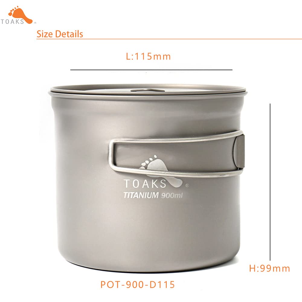 TOAKS Titanium 900ml Pot with 115mm Diameter - Ultralight Titanium Camping Cookware for Backpacking, Hiking & Outdoor Adventures - Compact Cooking Pot for Camping, Backpacking & Survival Gear