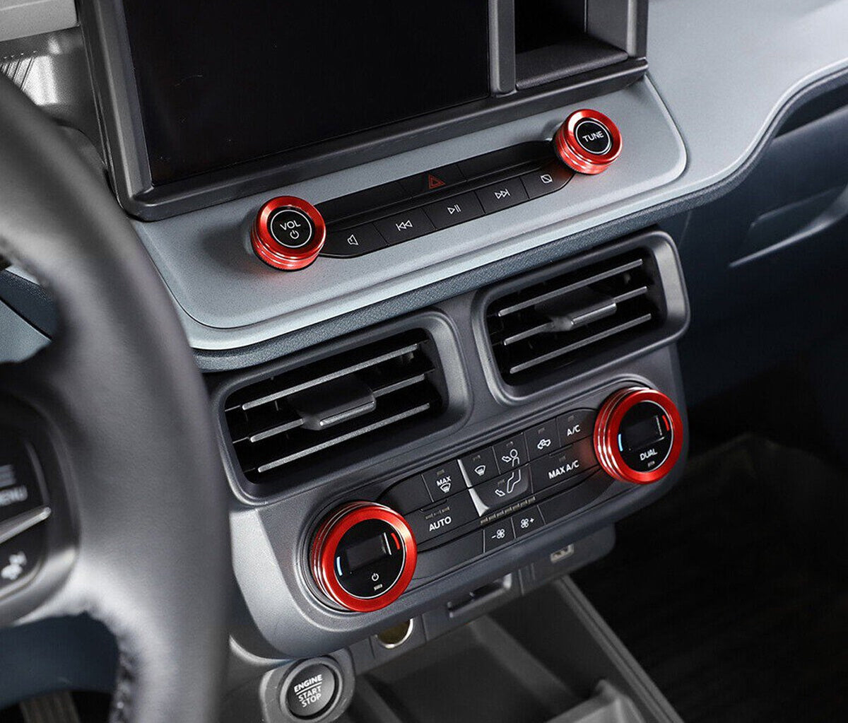 4-Piece Red Aluminum AC/Stereo Knob Covers for 2022+ Ford Maverick - Upgrade Interior Styling & Protect Controls (Perfect for Car Enthusiasts & Customization)