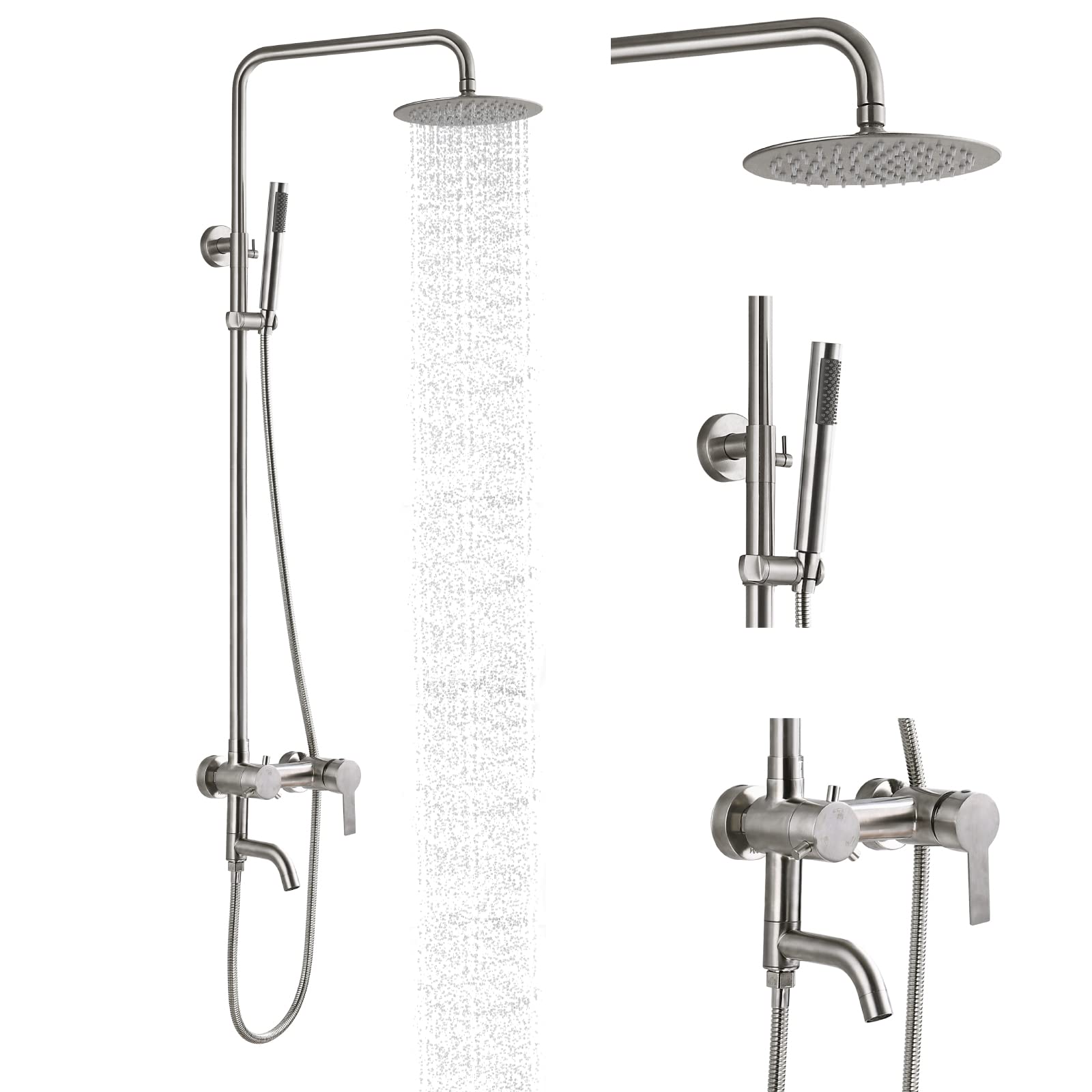 Gotonovo 8 Inch Rainfall Shower Head System - Stainless Steel SUS304 Brushed Nickel Wall Mount Shower Faucet with Hand Spray & Cylinder Handle | Exposed Shower Fixture for Modern Bathroom & Spa Experience