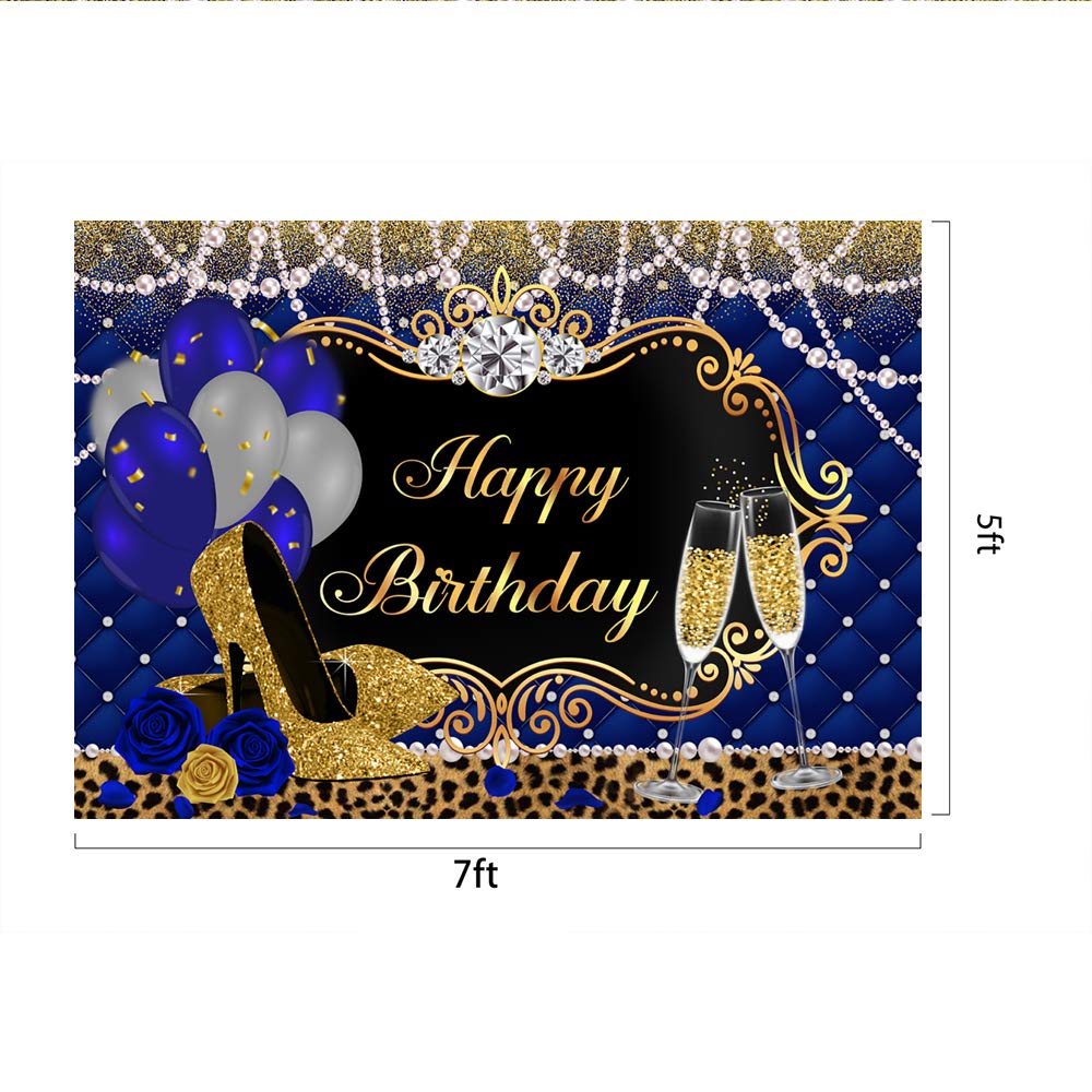 Lofaris Gold & Royal Blue Birthday Backdrop - Elegant Happy Birthday Party Background with High Heels, Balloons & Pearl Leopard Decor - Perfect for Women's Birthday Parties, Baby Showers & Special Events (7x5ft)