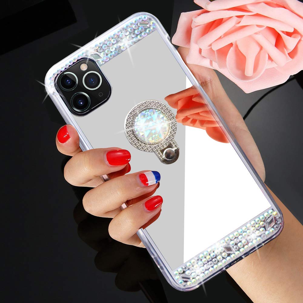 Sparkly Diamond Glitter Mirror Case for iPhone 11 Pro Max - Bling Rhinestone Protective Cover with Ring Holder & Kickstand | Cute Fashion Phone Case for Women & Girls | Perfect for Parties, Selfies & Daily Use