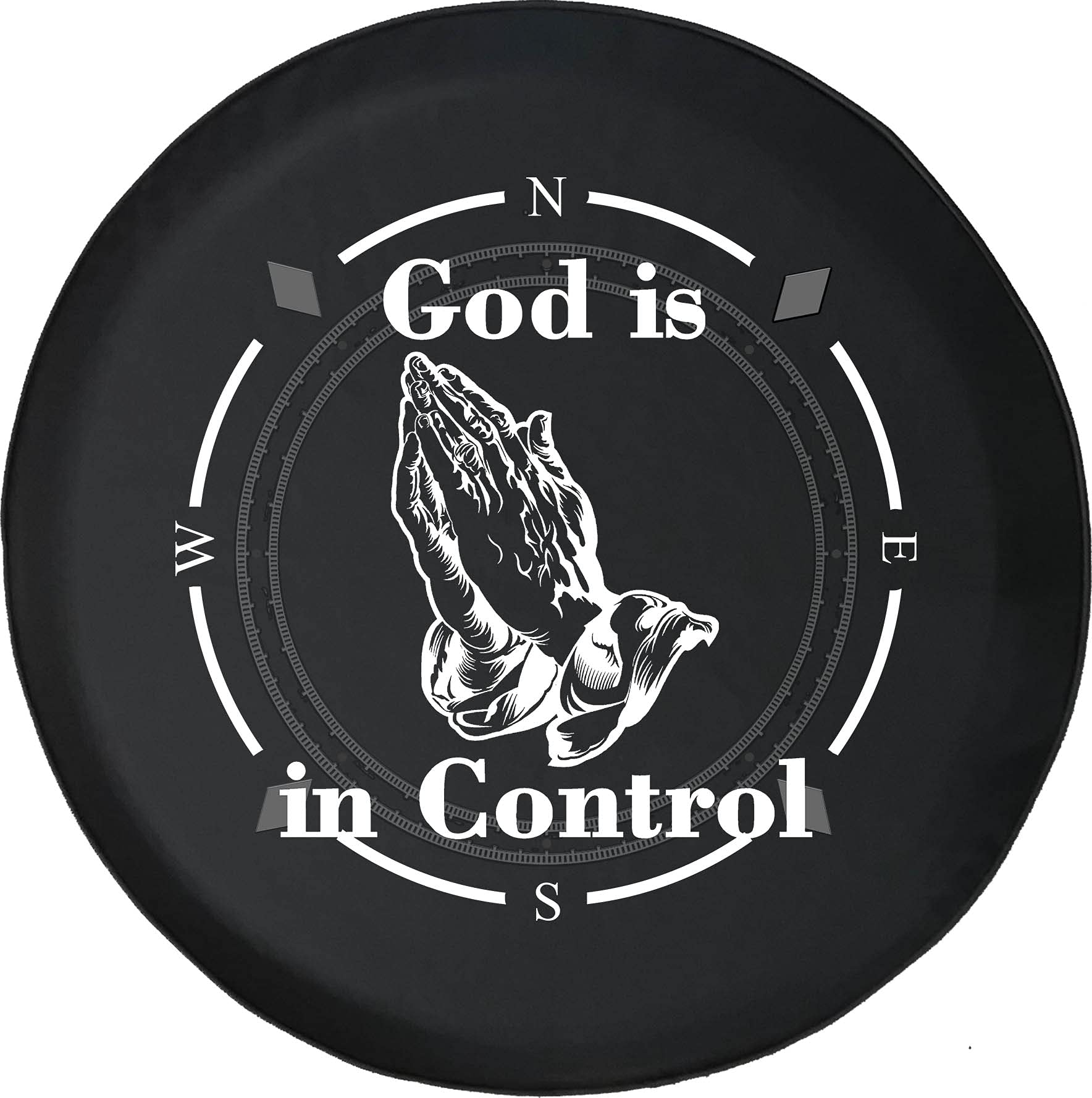 American Unlimited Spare Tire Cover with Compass Design - 'God is in Control' Praying Hands Wheel Cover | Fits SUV, Trailer, RV & Most Vehicles | Durable Weatherproof Accessory for Road Trips & Outdoor Adventures