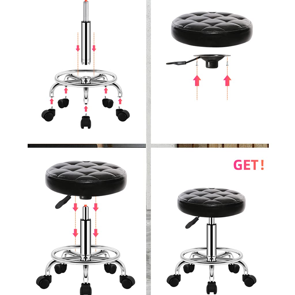 Premium PU Leather Round Rolling Stool with Wheels - Adjustable Swivel Massage Salon Stool with Wider Seat & Footrest - Ergonomic Office Chair, Drafting Stool & Hairdressing Stool for Salon, Spa, Home Office & Beauty Shop (Grey)