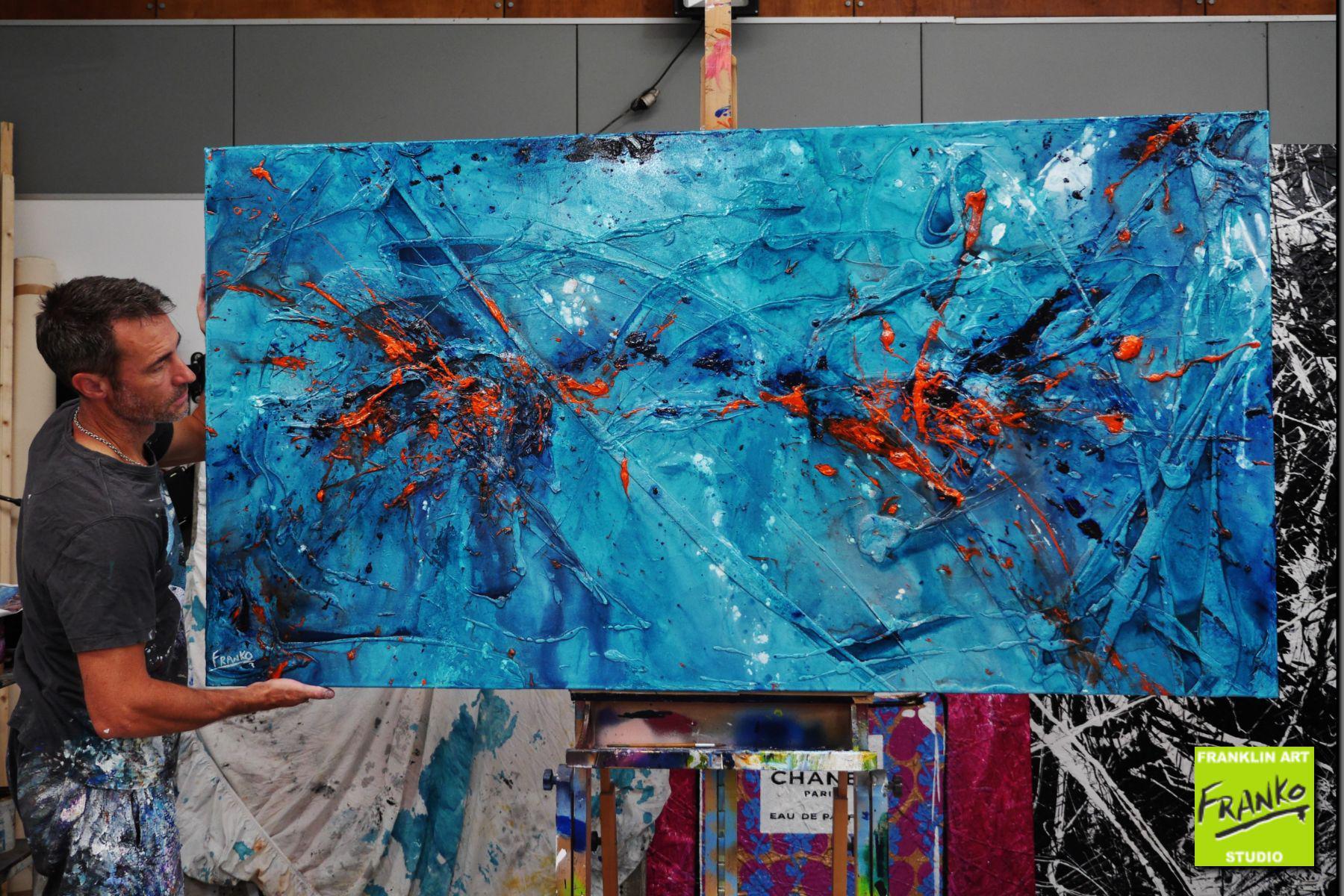 Blue Orange Textured Abstract Painting - 190cm x 100cm Large Modern Wall Art for Living Room, Bedroom & Office Decor | Liquid Candy Style Canvas Art