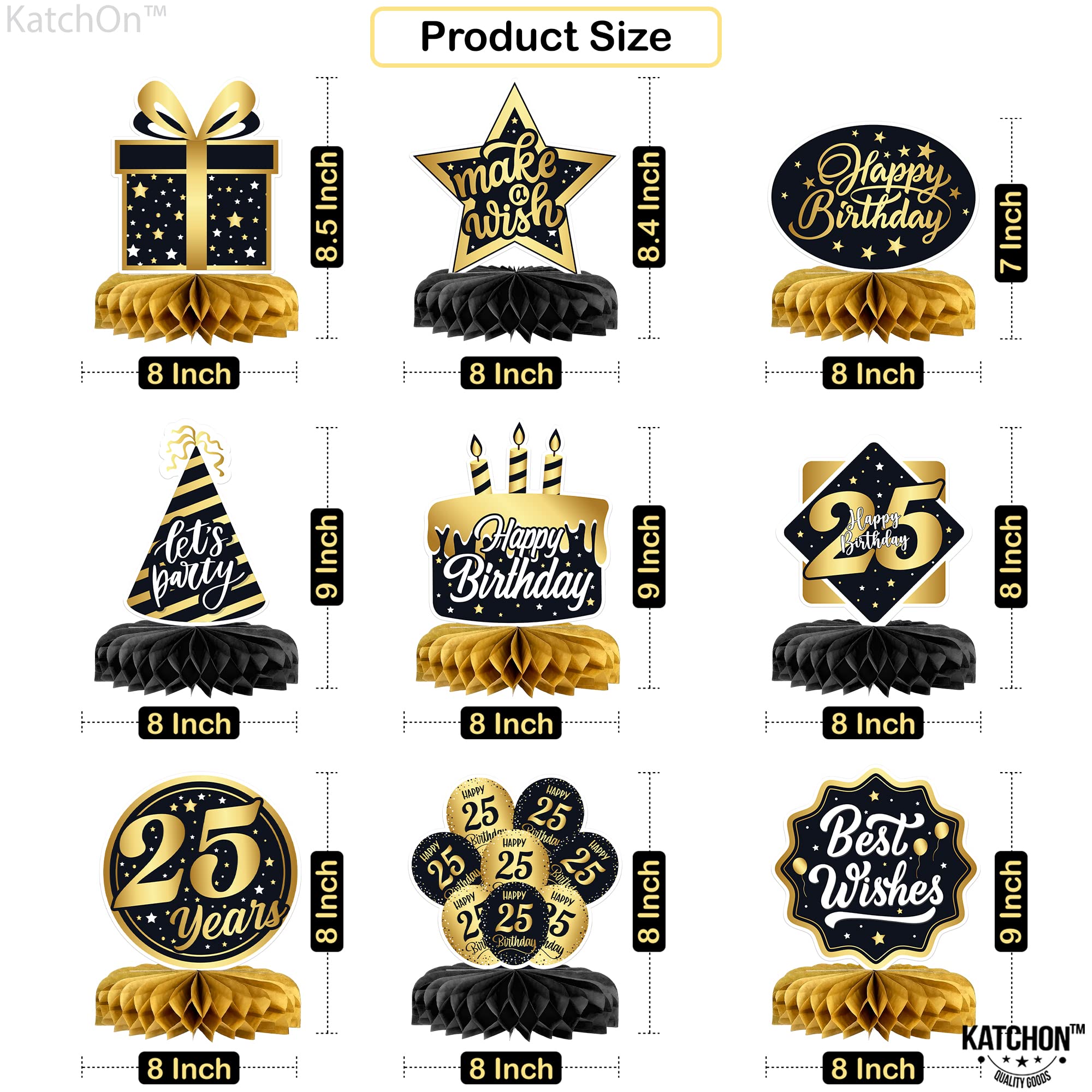 Black and Gold 25th Birthday Party Decorations Set - Pack of 9 Elegant Centerpieces for Tables | Birthday Decor for Men & Women | Perfect for 25th Birthday Celebrations, Anniversaries, and Milestone Parties