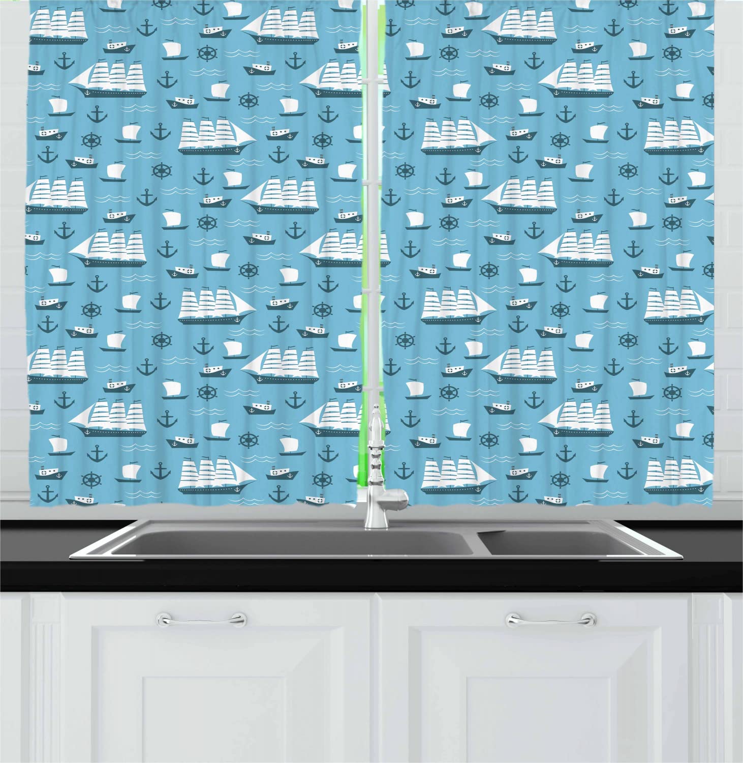 Ambesonne Anchor Long Kitchen Curtains - Nautical Boat & Helm Cartoon Ocean Retro Design, 2 Panel Rod Pocket Drapes for Coastal Home Decor, 55 x 45 Inches, Pale Blue & White - Perfect for Beach House, Seaside Cottage or Maritime-Themed Rooms