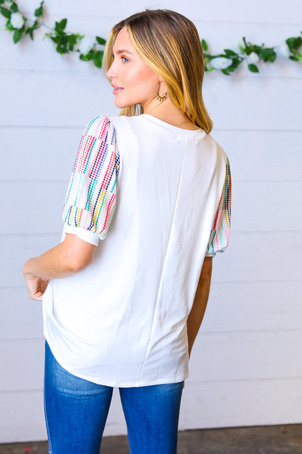 Ivory & Multicolor Vertical Stripe Puff Sleeve Blouse - Women's Fashion Tops for Casual Wear, Office & Date Night Outfits