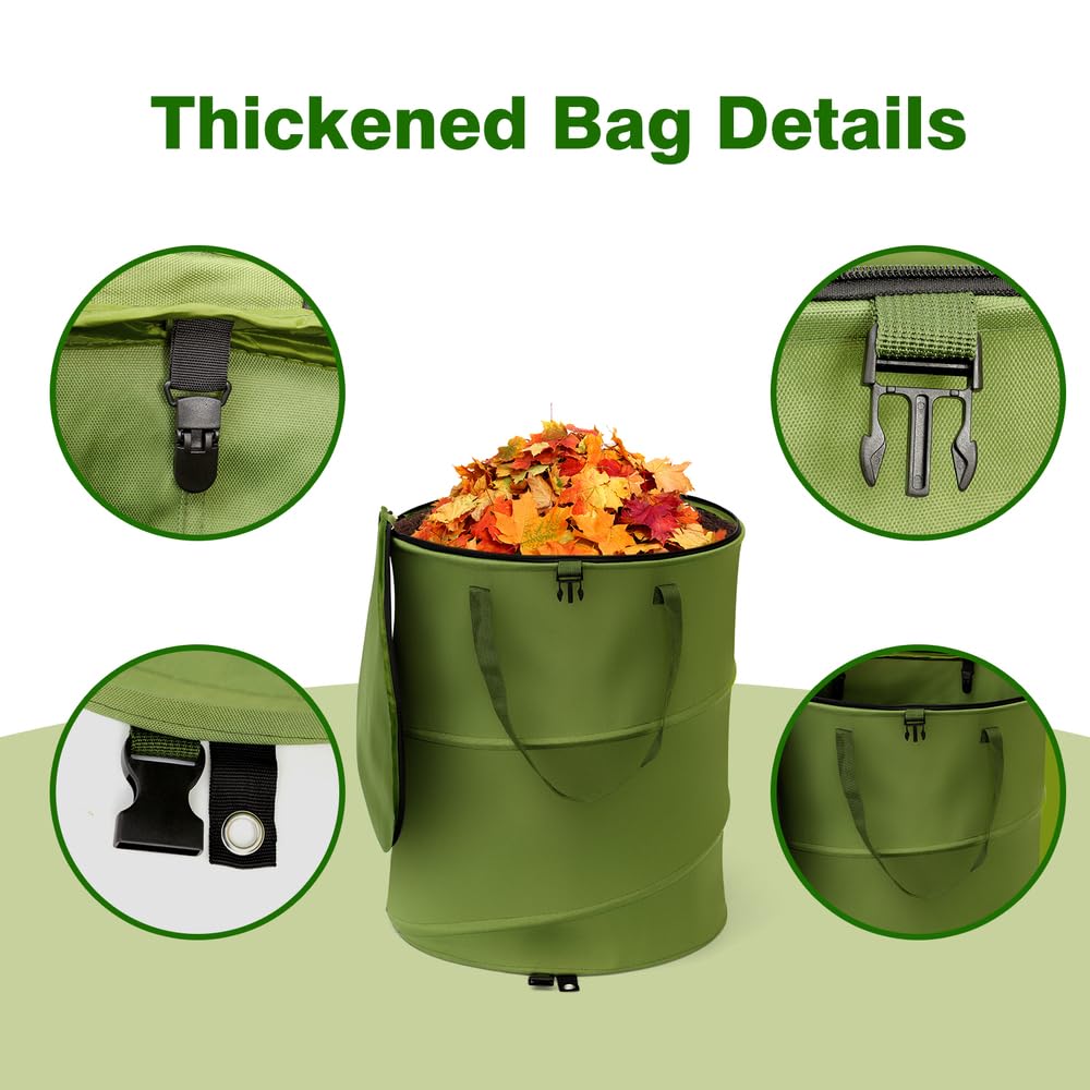 Collapsible Pop Up Trash Can 10 Gallon - Portable Outdoor Recycling Bin with Clip & Zip Lid, 600D Oxford Cloth Yard Waste Bag (13.8x15.8 Inch) - Ideal for Camping, Picnics, Beach, Backyard & RV Use (Green, 1 Pack)
