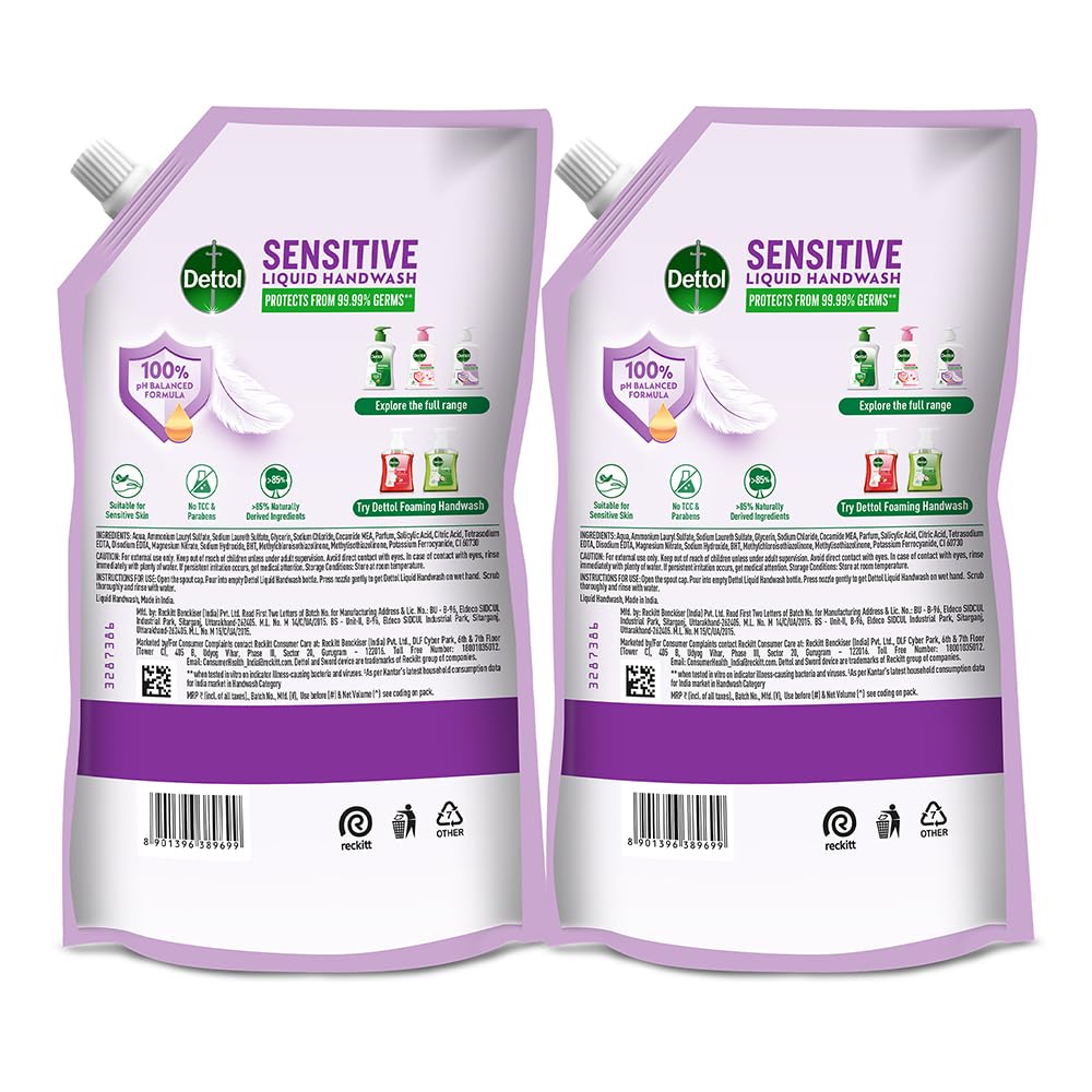 Dettol Sensitive Liquid Hand Wash Refill - 675ml (Pack of 2) | Gentle Antibacterial Hand Soap for Sensitive Skin | Ideal for Home, Kitchen & Bathroom Use