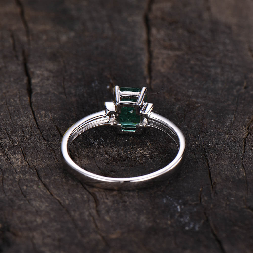 Vintage Natural Emerald Cut Emerald & Baguette Diamond Three Stone Engagement Ring - Perfect for Proposal, Anniversary & Wedding Jewelry Gift