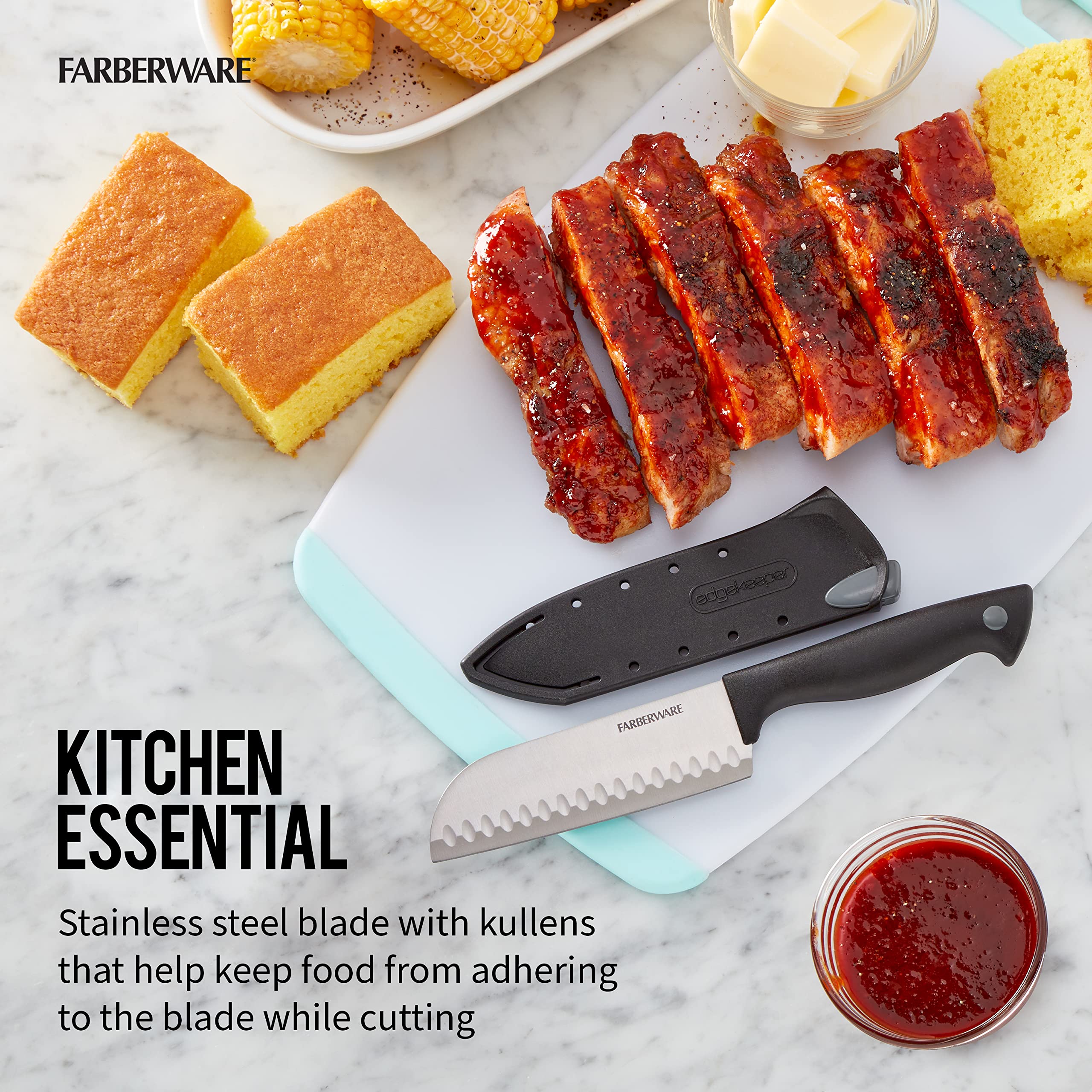 Farberware Edgekeeper 5-Inch Santoku Knife - High Carbon Stainless Steel Kitchen Knife with Self-Sharpening Blade Cover & Ergonomic Handle - Razor Sharp Black Knife for Slicing, Dicing, and Chopping Vegetables, Fruits, and Meat