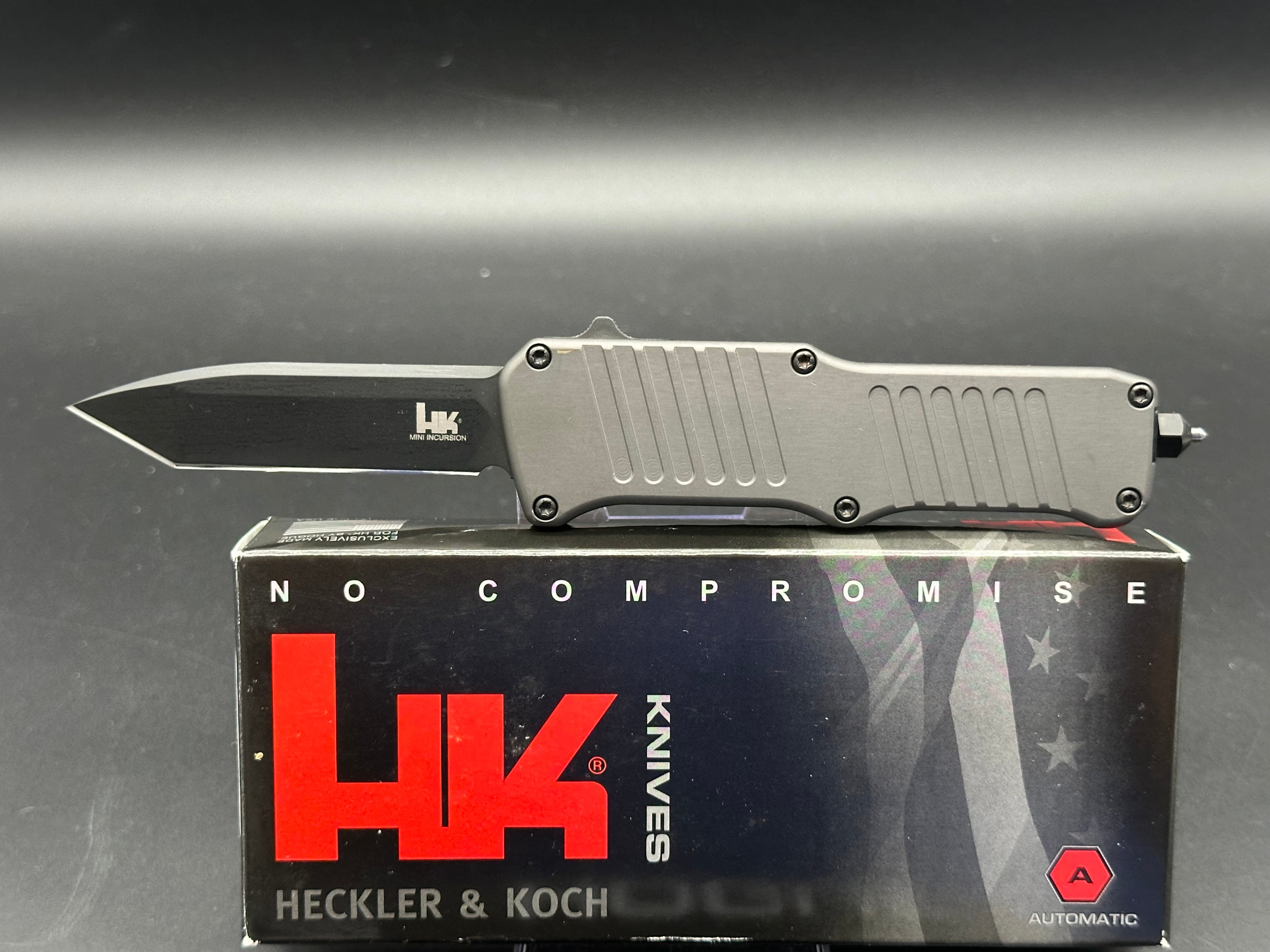 HK Mini Incursion OTF Automatic Tanto Knife - Gray Aluminum Handle with 3 Black Blades | Tactical EDC, Outdoor Survival & Everyday Carry Pocket Knife