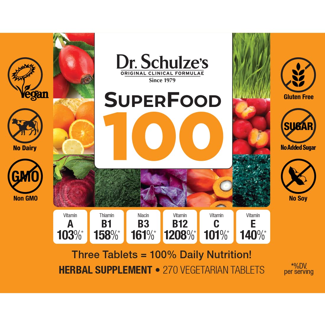 Dr. Schulze's Superfood 100 | Organic Vegan Multivitamin Supplement with Herbal Concentrate | 270 Tablets for Daily Nutrition & Energy Boost | Gluten-Free, Non-GMO | Perfect for Active Lifestyles & Wellness Routines