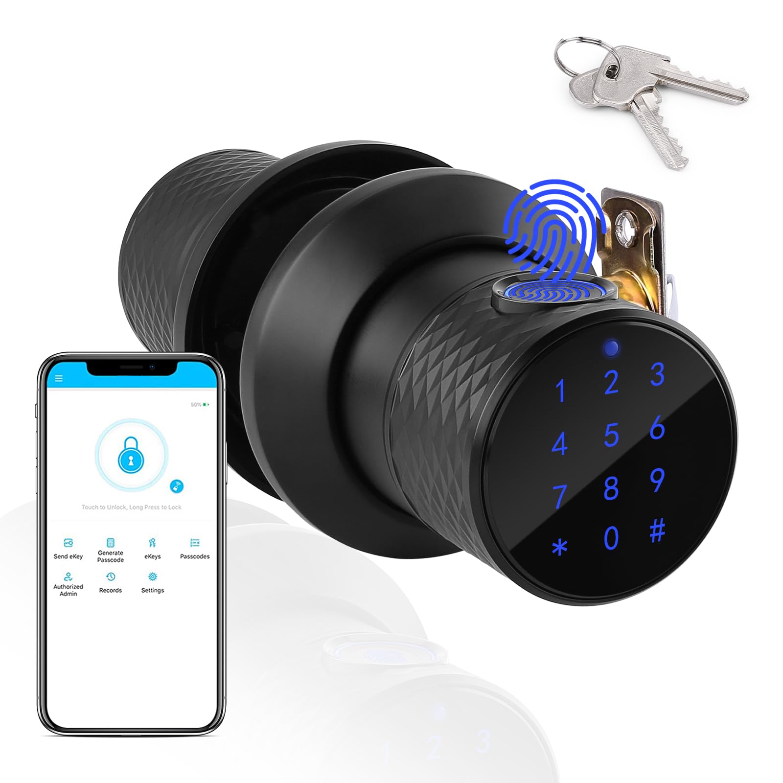 FITNATE Smart Fingerprint Door Knob Lock - Tuya App Controlled, 255 User Capacity, Password Management, Anti-Slip Handle for Home Security | Ideal for Bedroom, Office & Hotel Use
