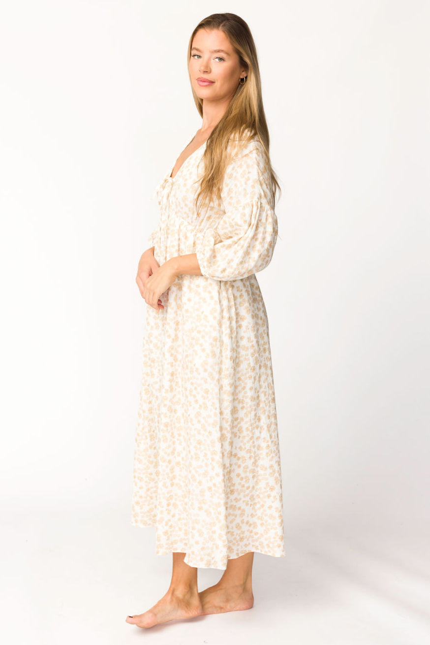 Hunter 100% Cotton Gauze Midi Dress - Natural/Fawn Floral Print | Bump Friendly Maternity Dress | Perfect for Summer, Beach Vacations & Casual Outings