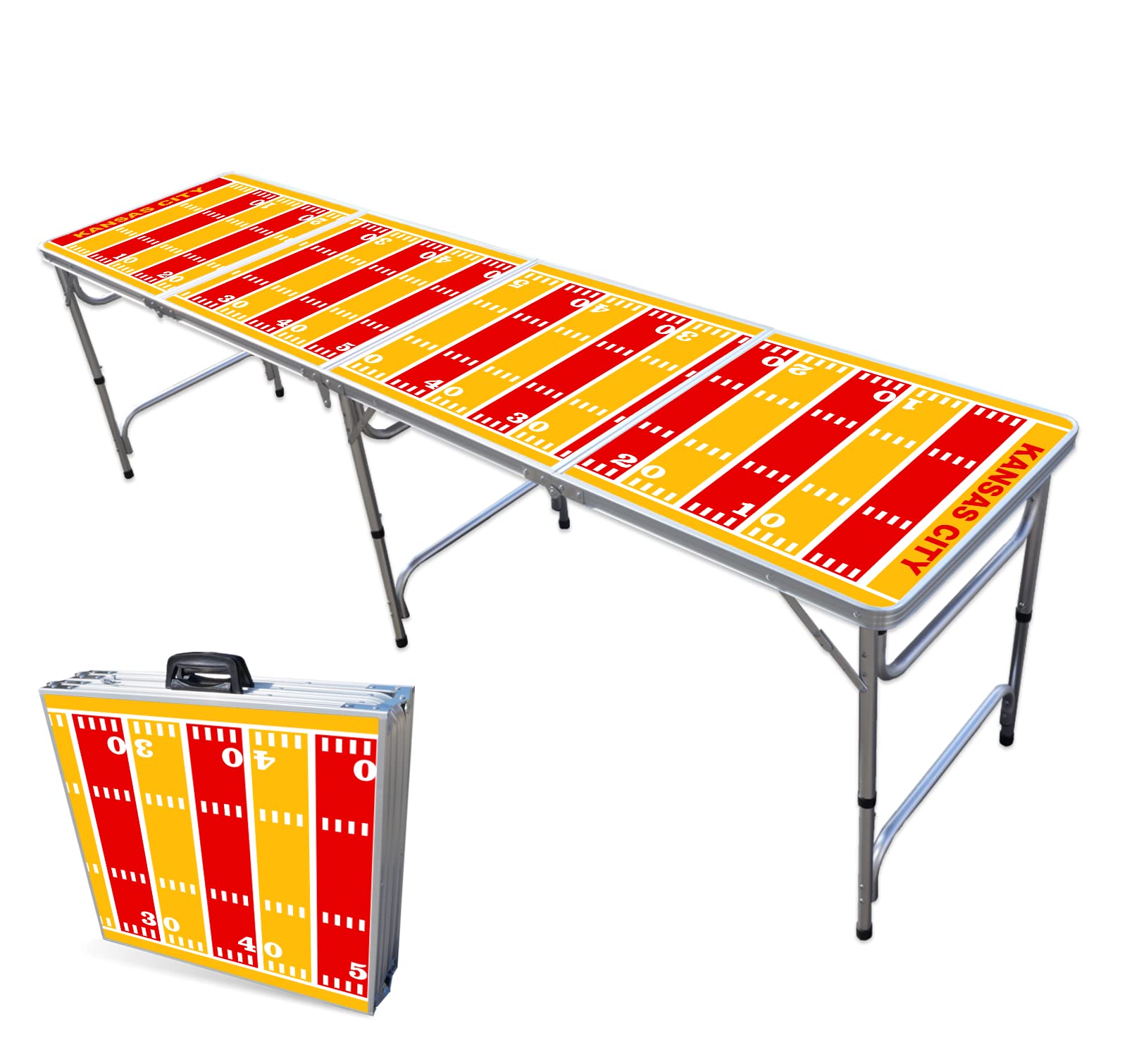 8-Foot Folding Portable Beer Pong Table with Optional Cup Holders & LED Lights - Kansas City Chiefs Football Field Design - Perfect for Tailgating, Parties & Outdoor Games (Choose Your Model)