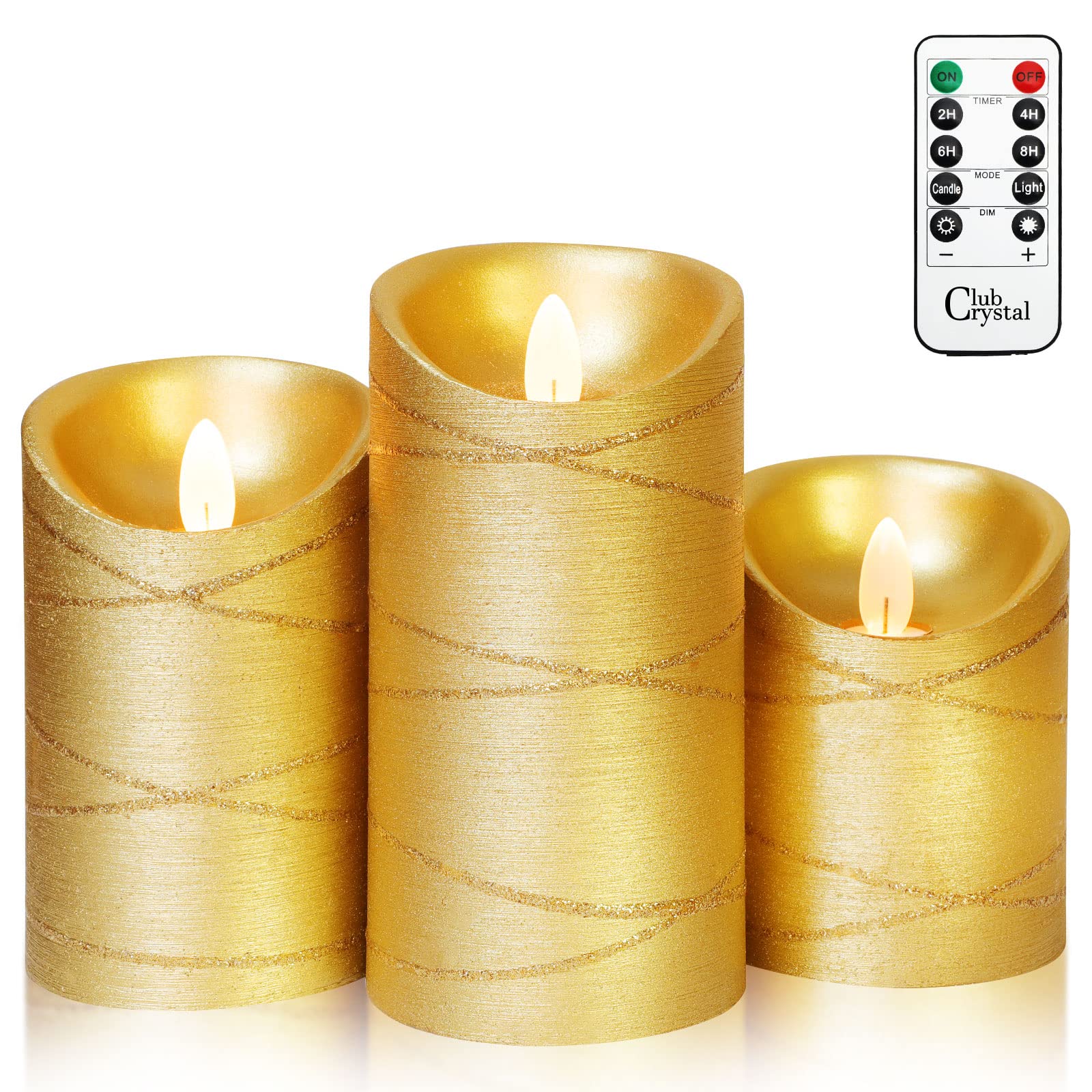 Crystal Club Set of 3 Gold Flickering Flameless LED Candles with Timer & Remote Control - Battery Operated Glittering String Candles for Home Decor, Mantel, Wedding, Christmas & Party Decoration